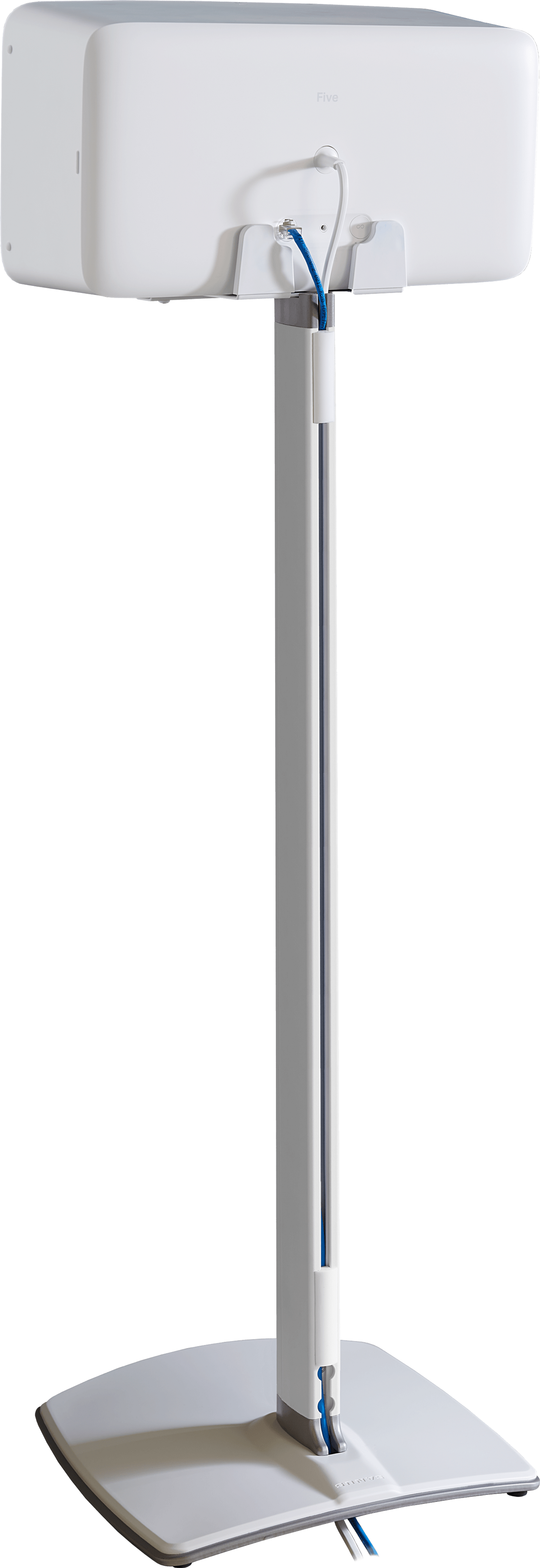 Back view of Sanus stand for Five white shown with a white Five mounted horizontally