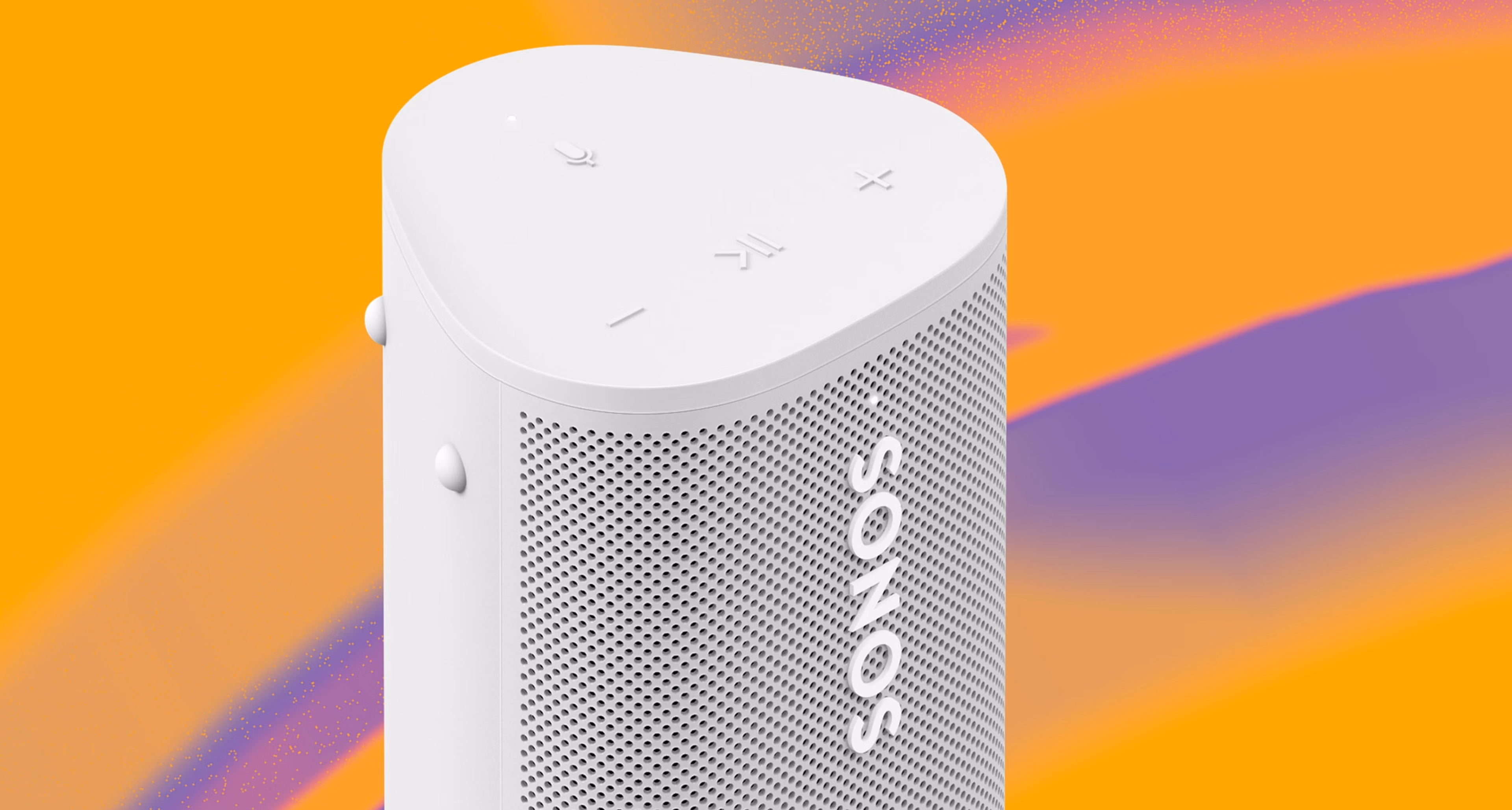 A white Sonos Roam 2 portable speaker on a purple, orange, and yellow graphic background