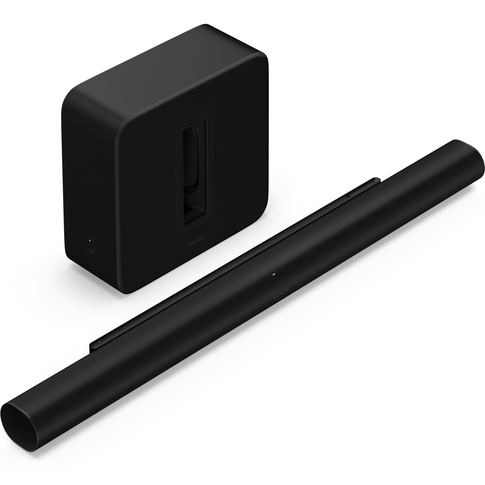 Black Sonos Arc Ultra soundbar and Sub 4 system