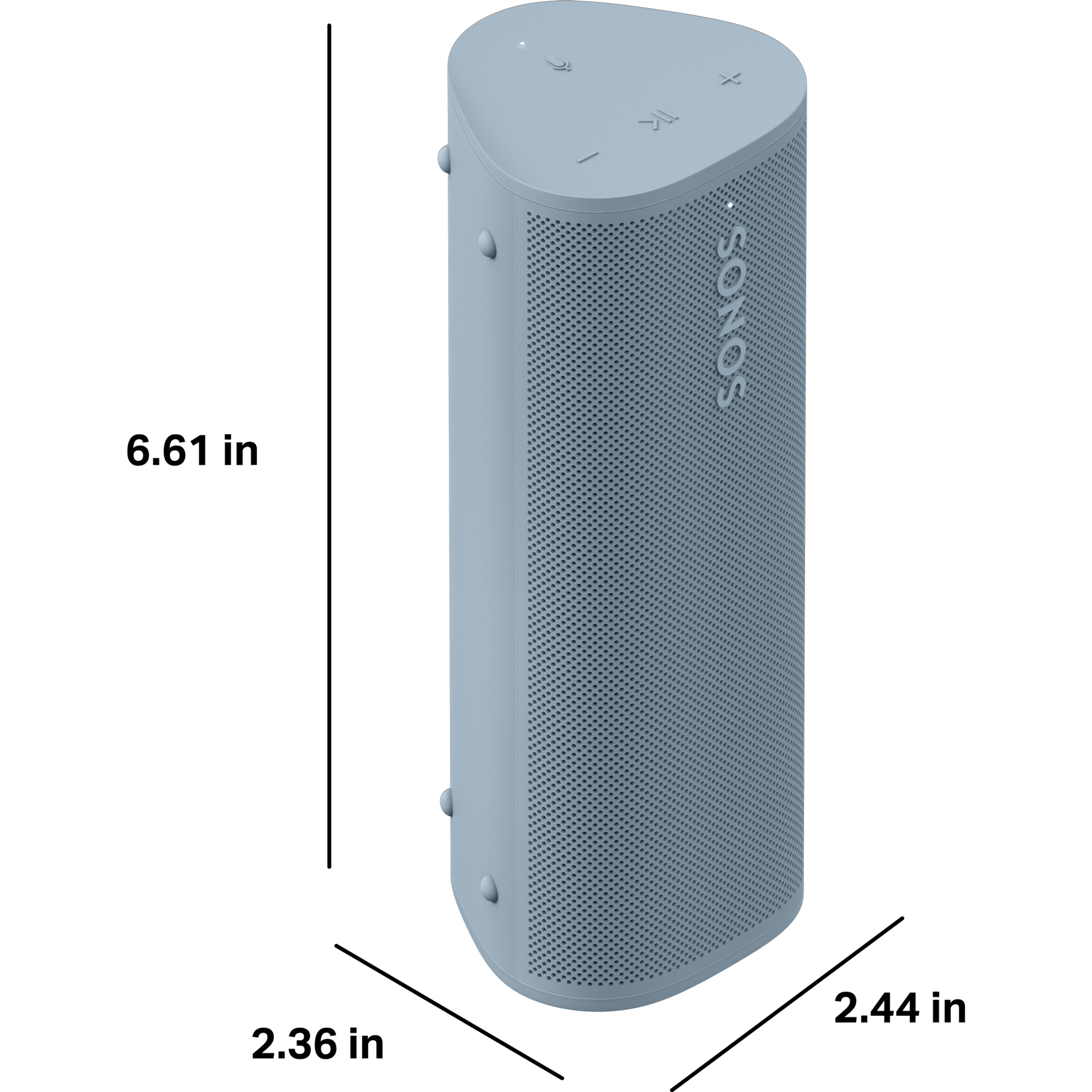 Roam 2 is 6.61 inches (168 mm) tall, 2.36 inches (60 mm) deep, and 2.44 inches (62 mm) wide