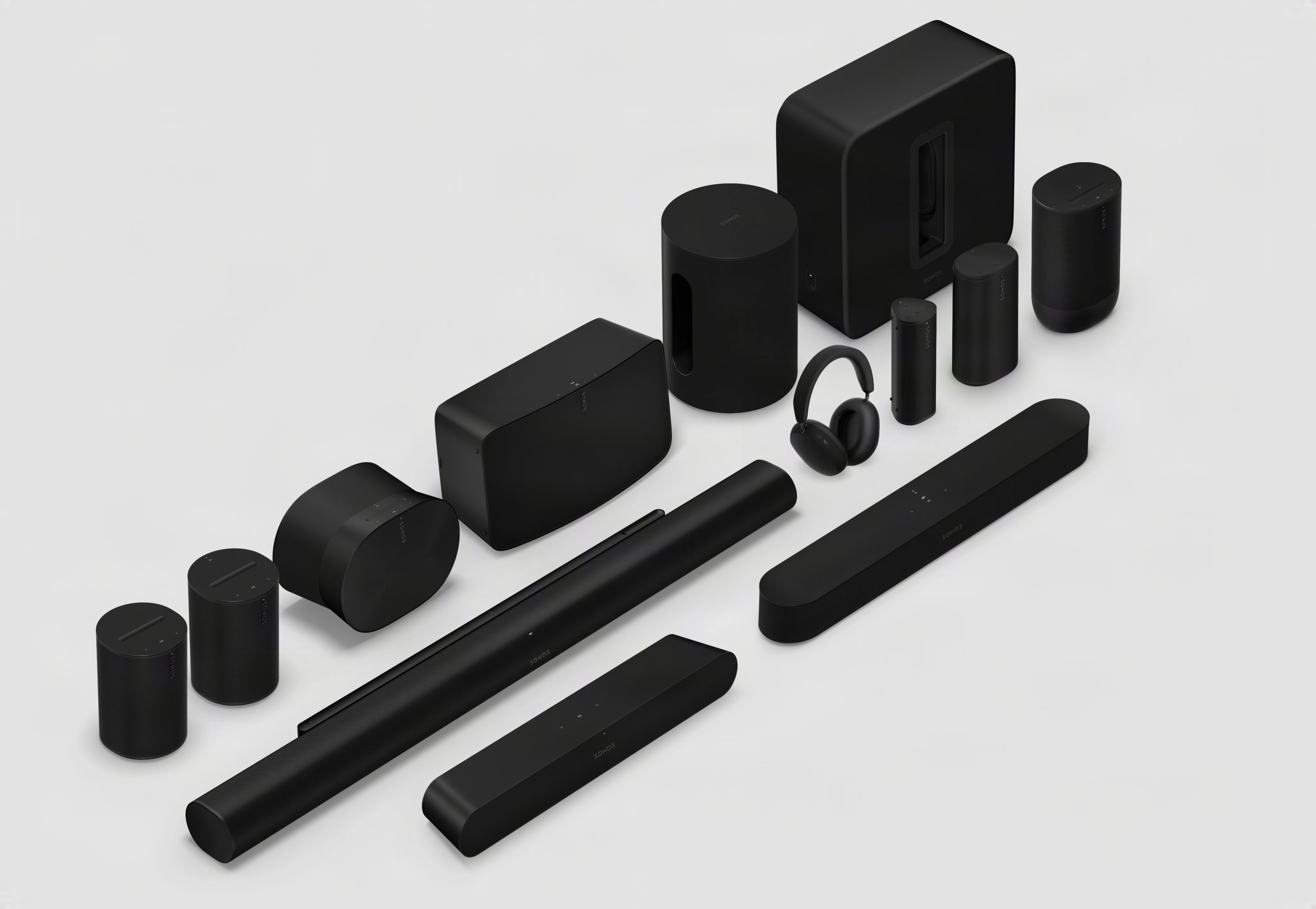 Black Sonos speakers, soundbars, subwoofers, and headphones on a light gray background.