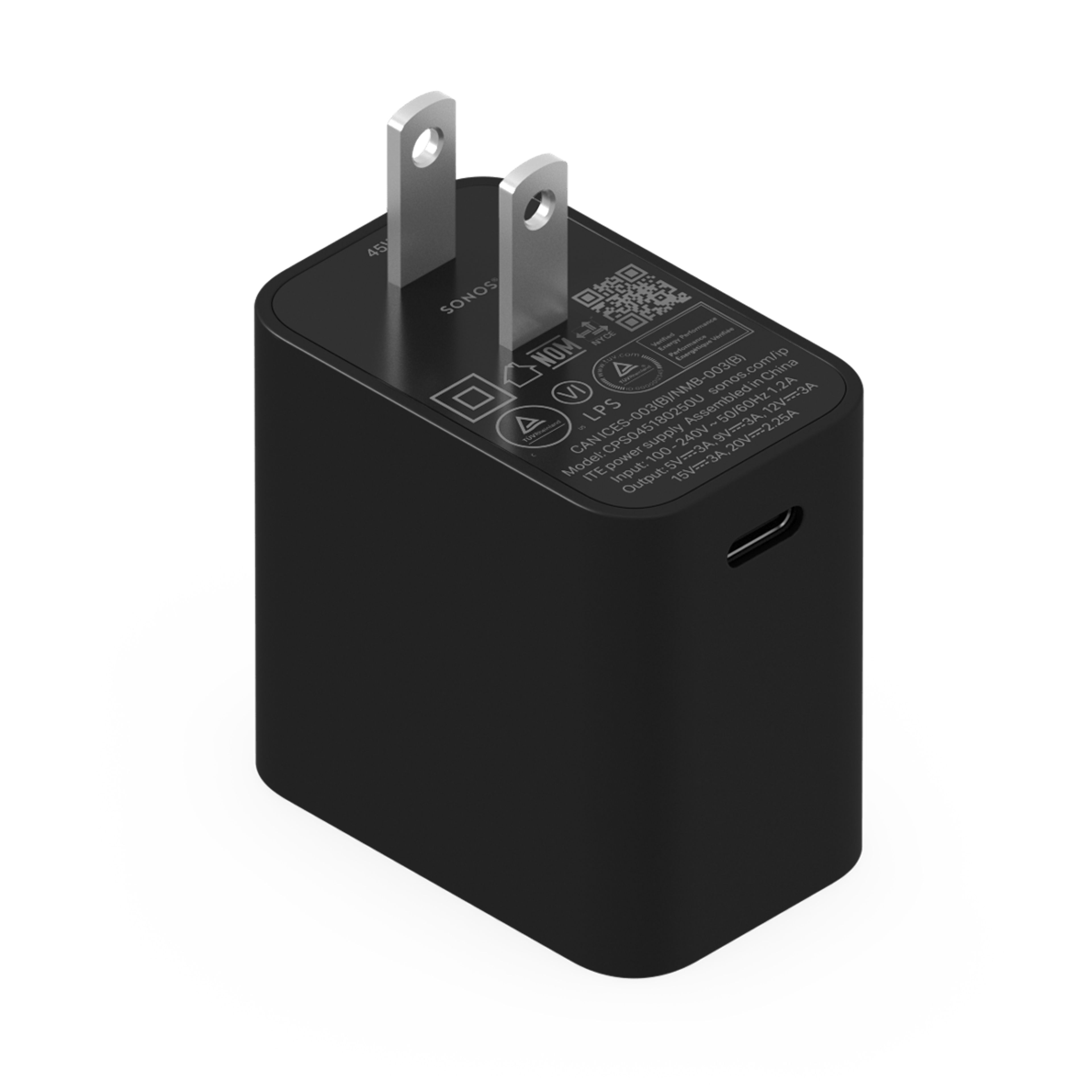 Black Sonos 45W USB-C power adapter with US plug