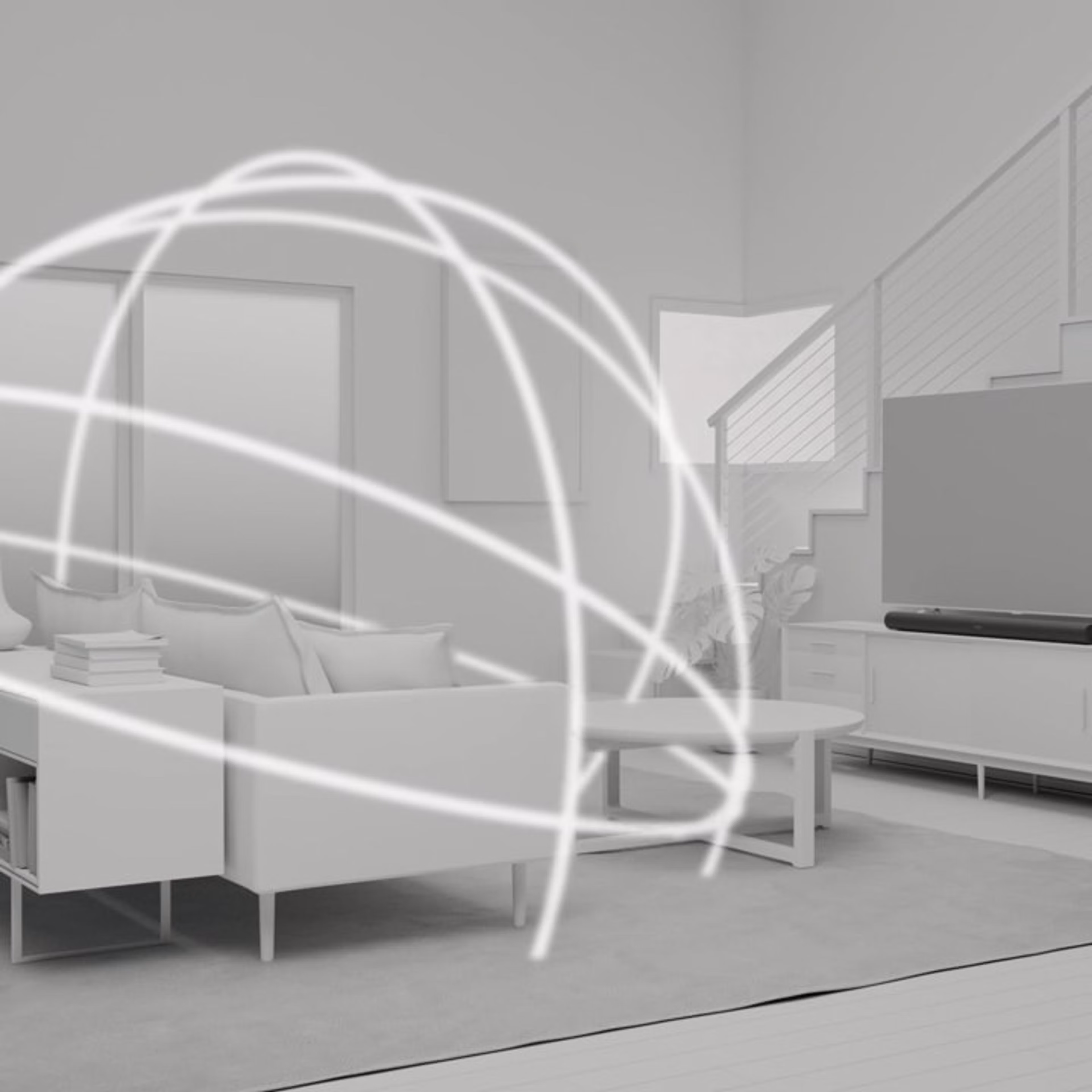 A rendering of a living room with Sonos Arc with illustration of Dolby Atmos