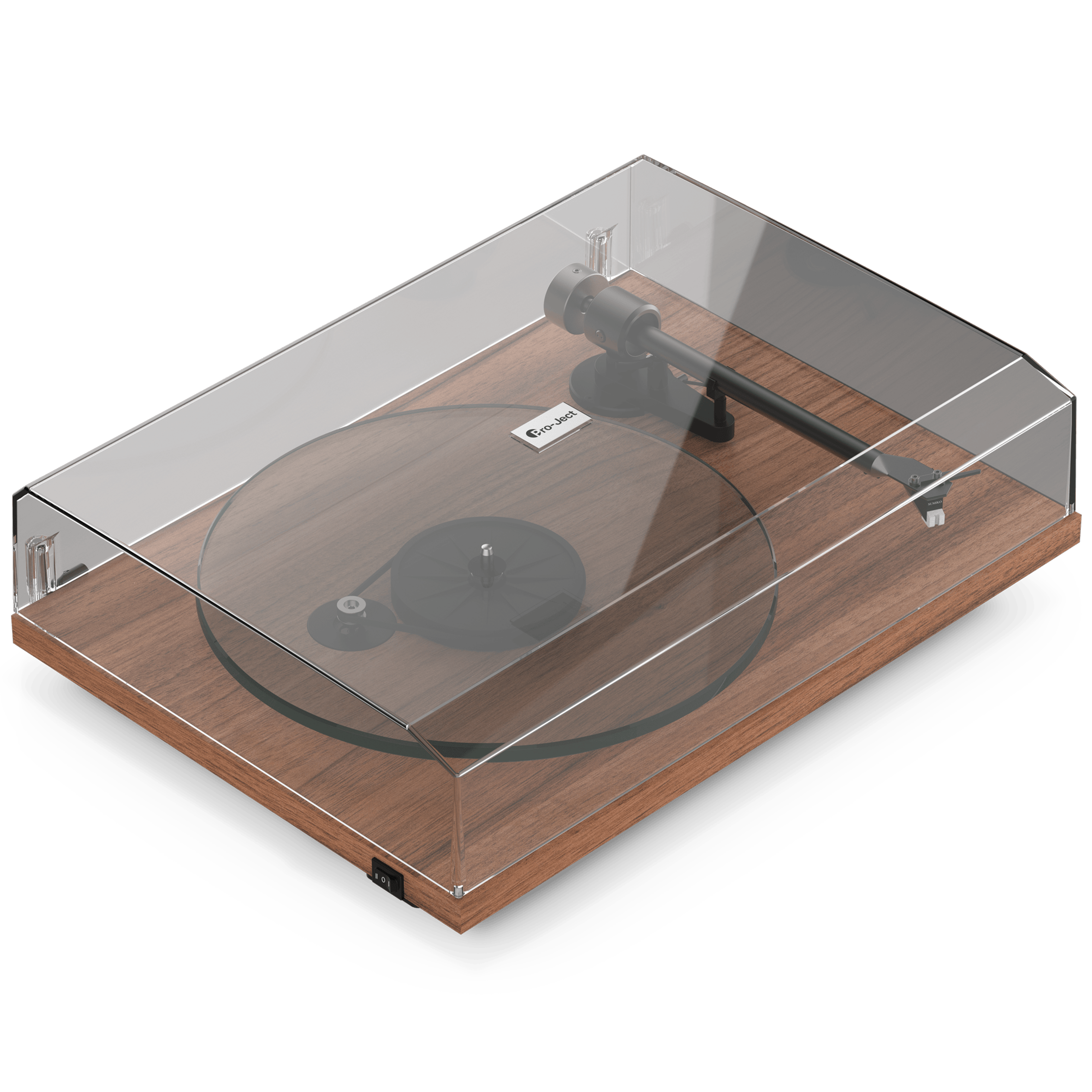 Front-angle view of a walnut Pro-Ject T2 Super Phono turntable with dust cover 