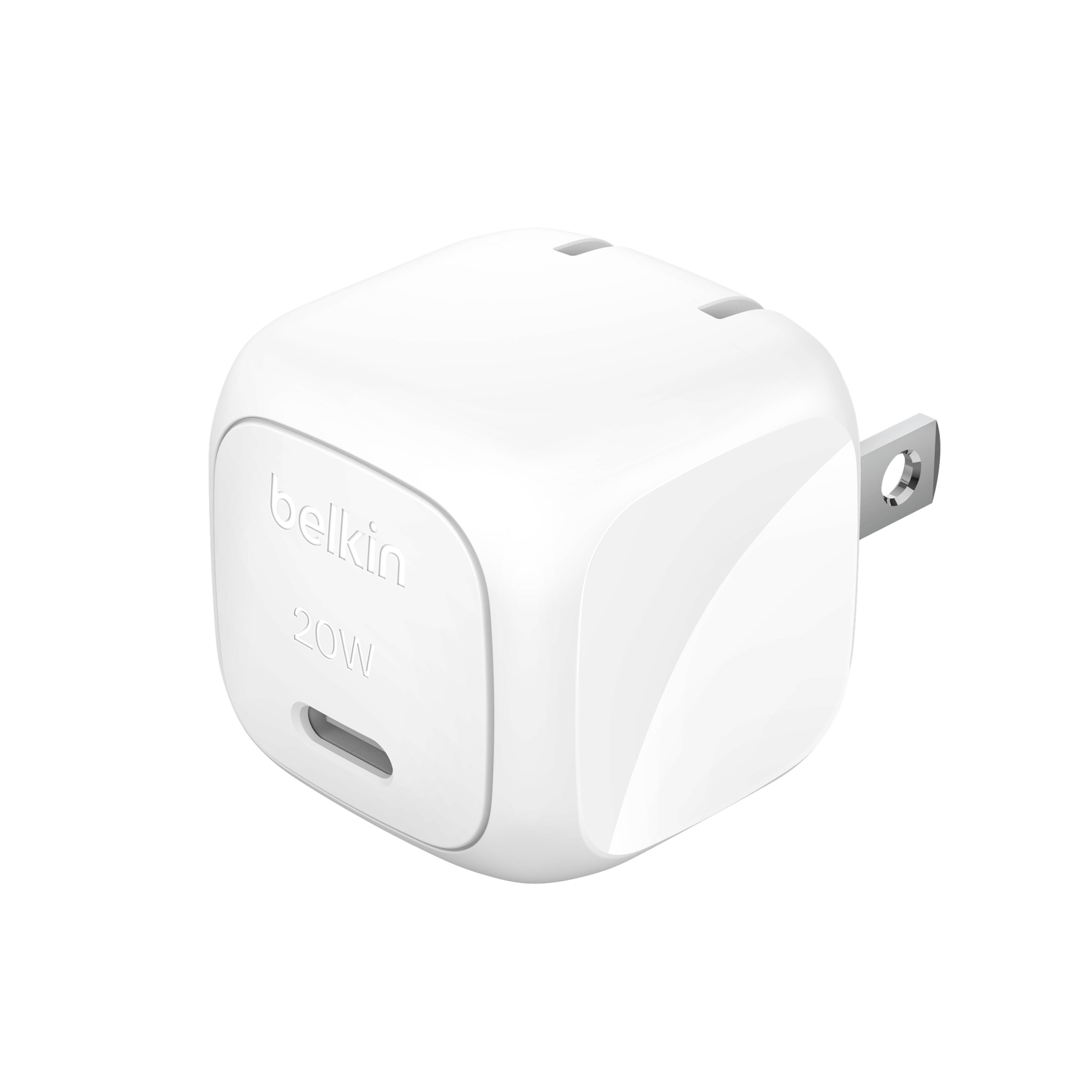 Back angle of the white Belkin 20w USB-C power adapter