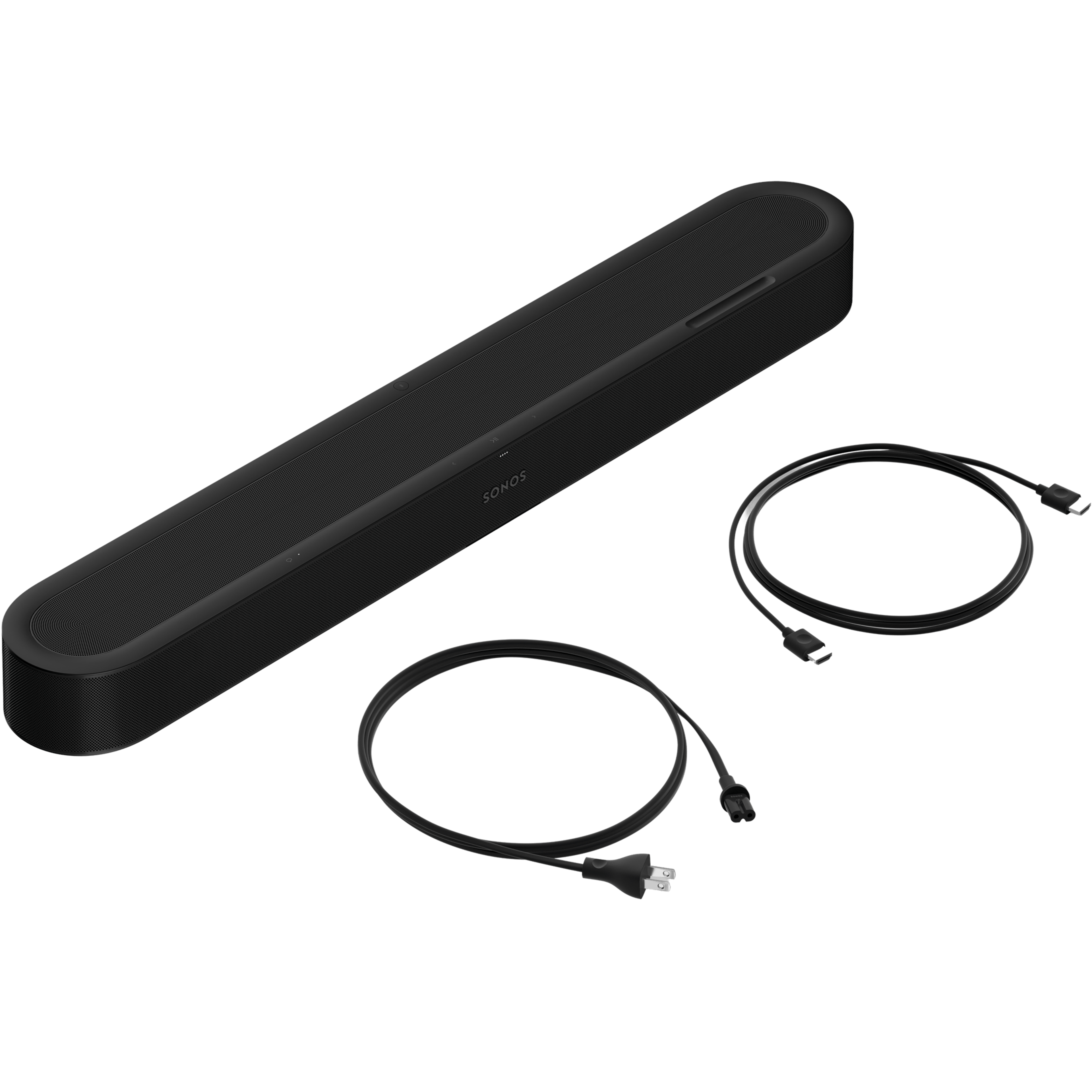 ブラックのBeam Ultra、付属の電源ケーブルとHDMIケーブルを含む斜めから見た図