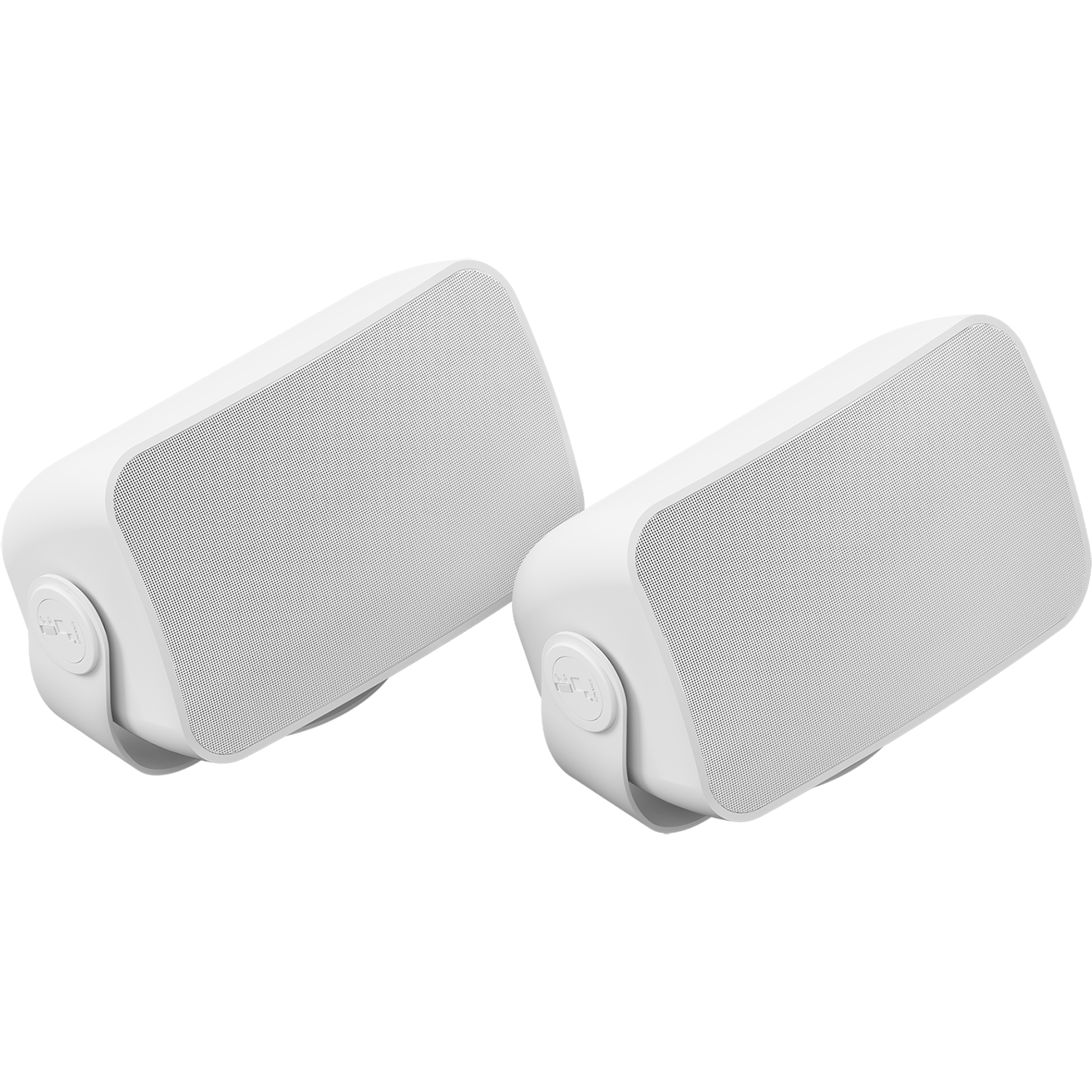 A pair of white Sonos and Sonance outdoor speakers