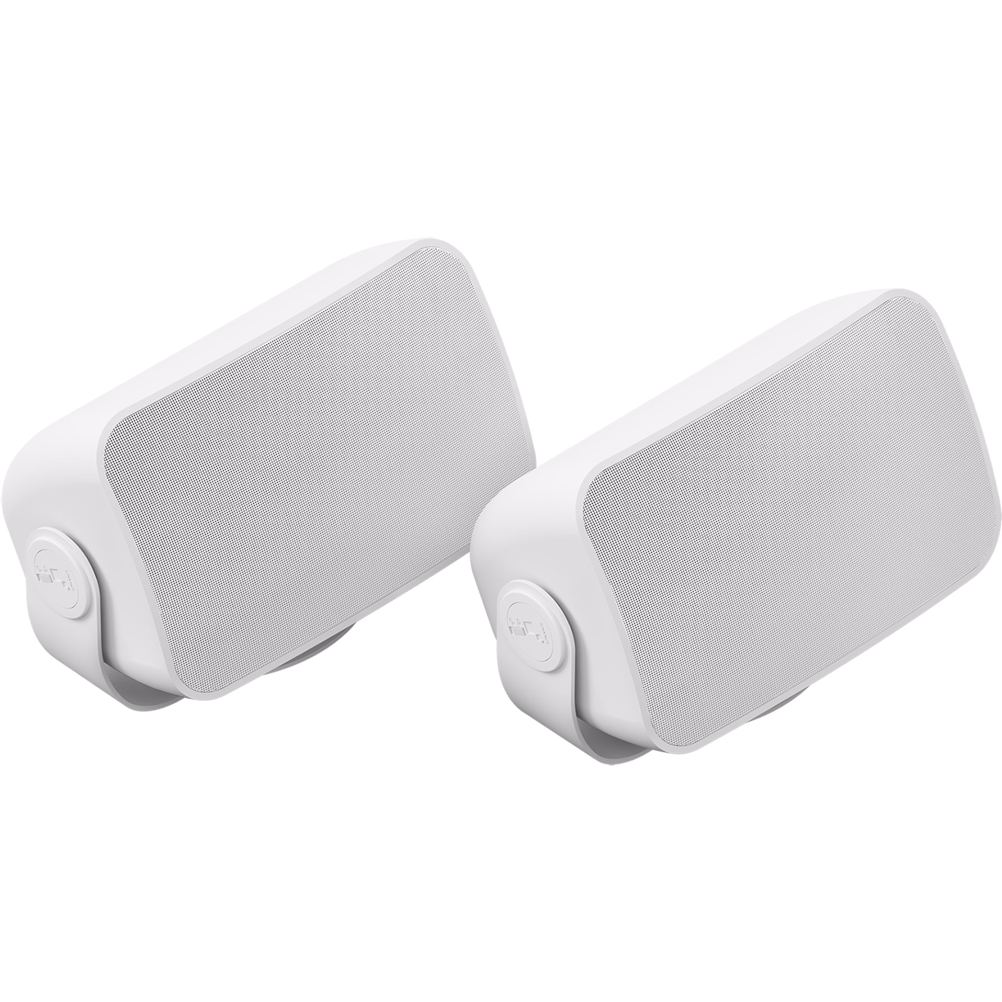 A pair of white Sonos and Sonance outdoor speakers