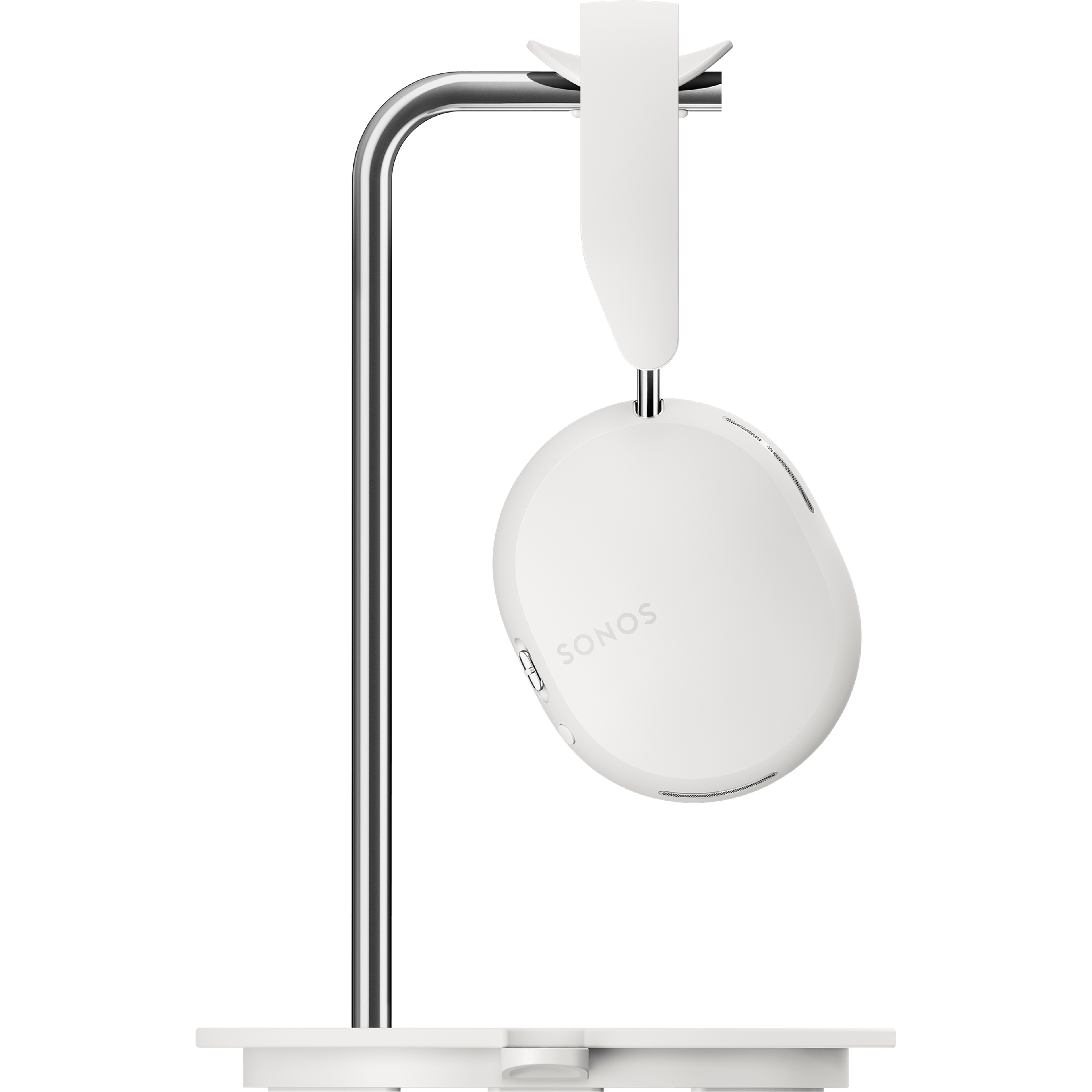 Hvide Sonos Ace-hovedtelefoner på Sanus-stander til Sonos Ace set fra siden