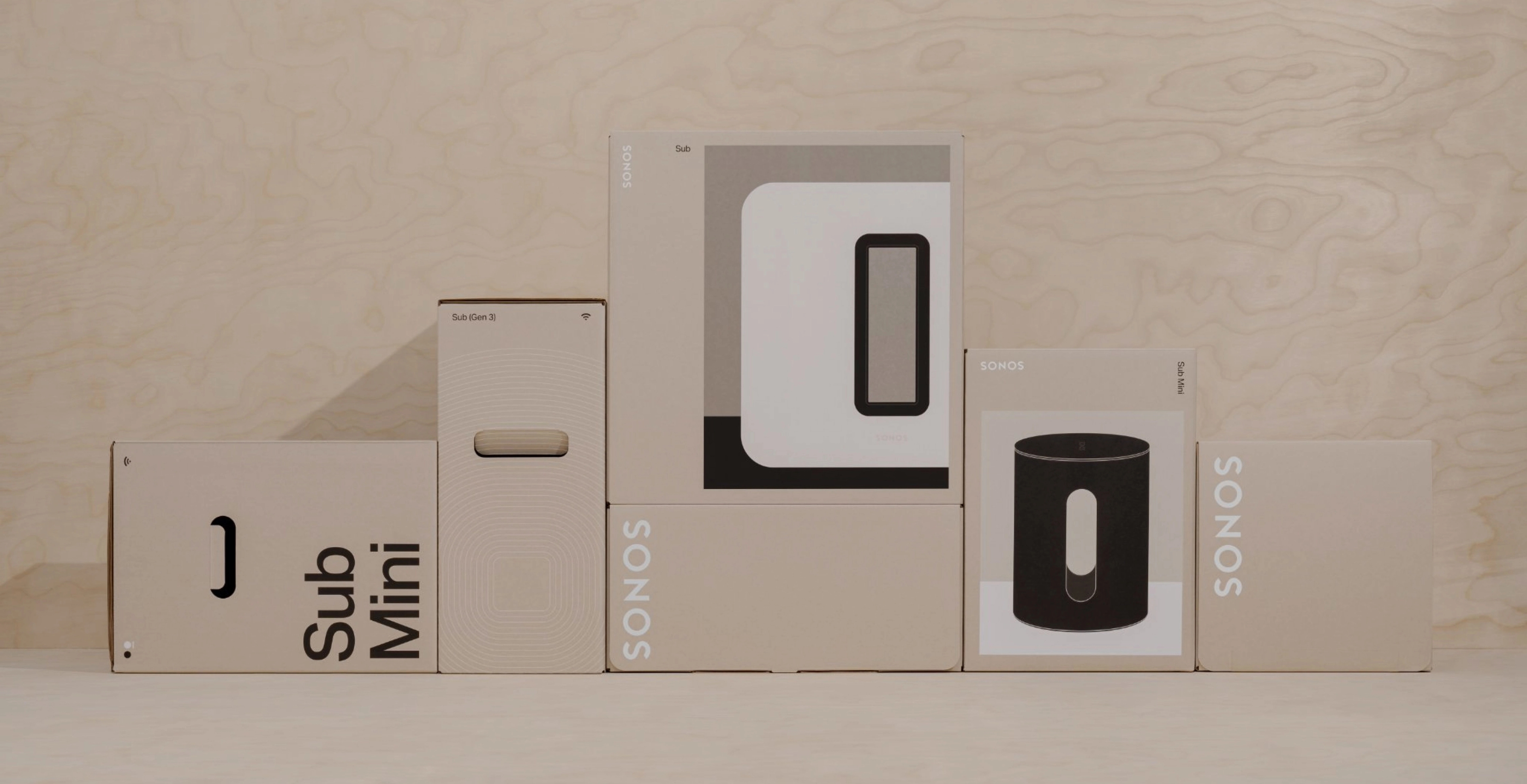 Display of Sonos products in their packaging