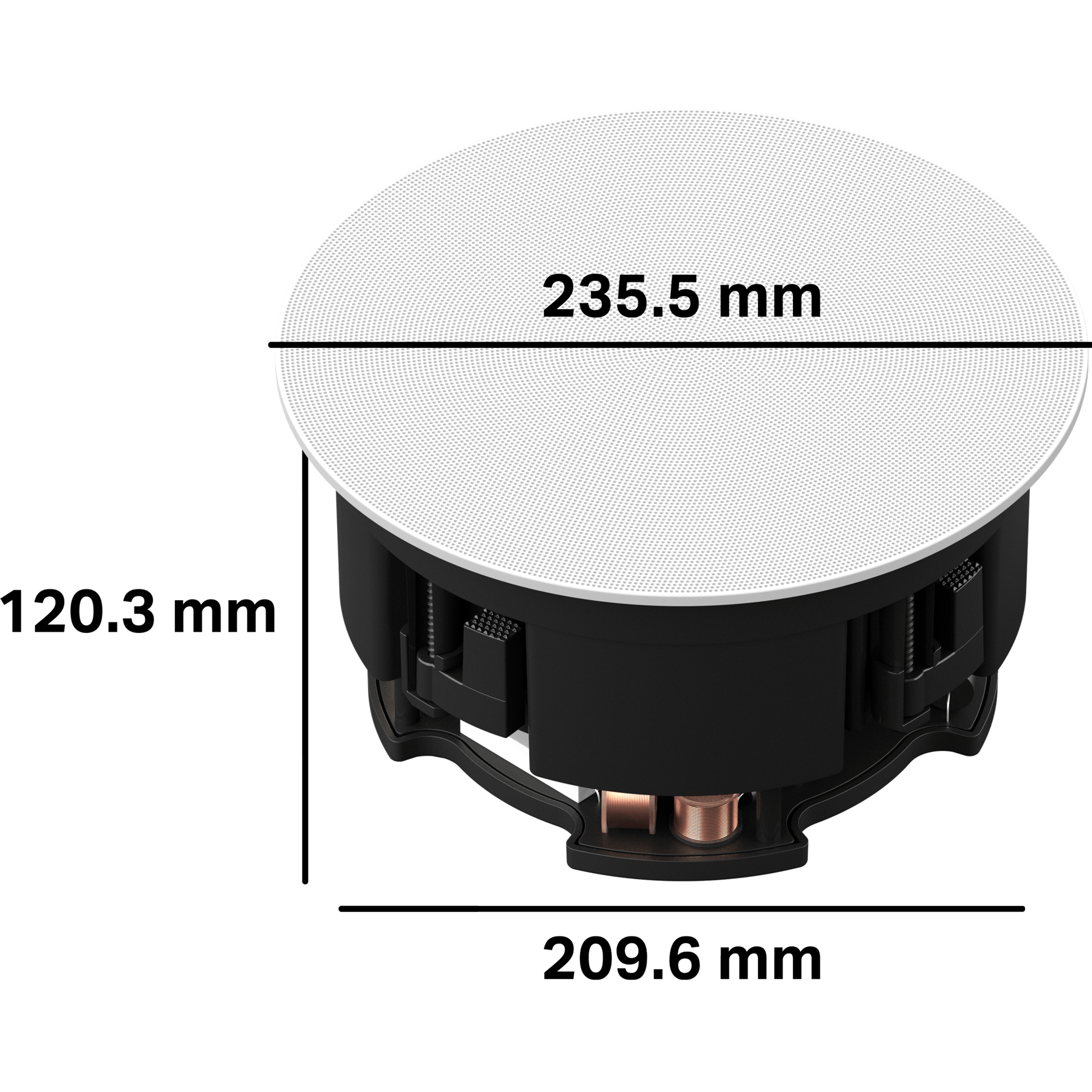 La carcasa para estas bocinas de techo mide 120.3 mm de profundidad y requiere un orificio de 209.6 mm de diámetro. El diámetro de la rejilla exterior es de 235.5 mm.