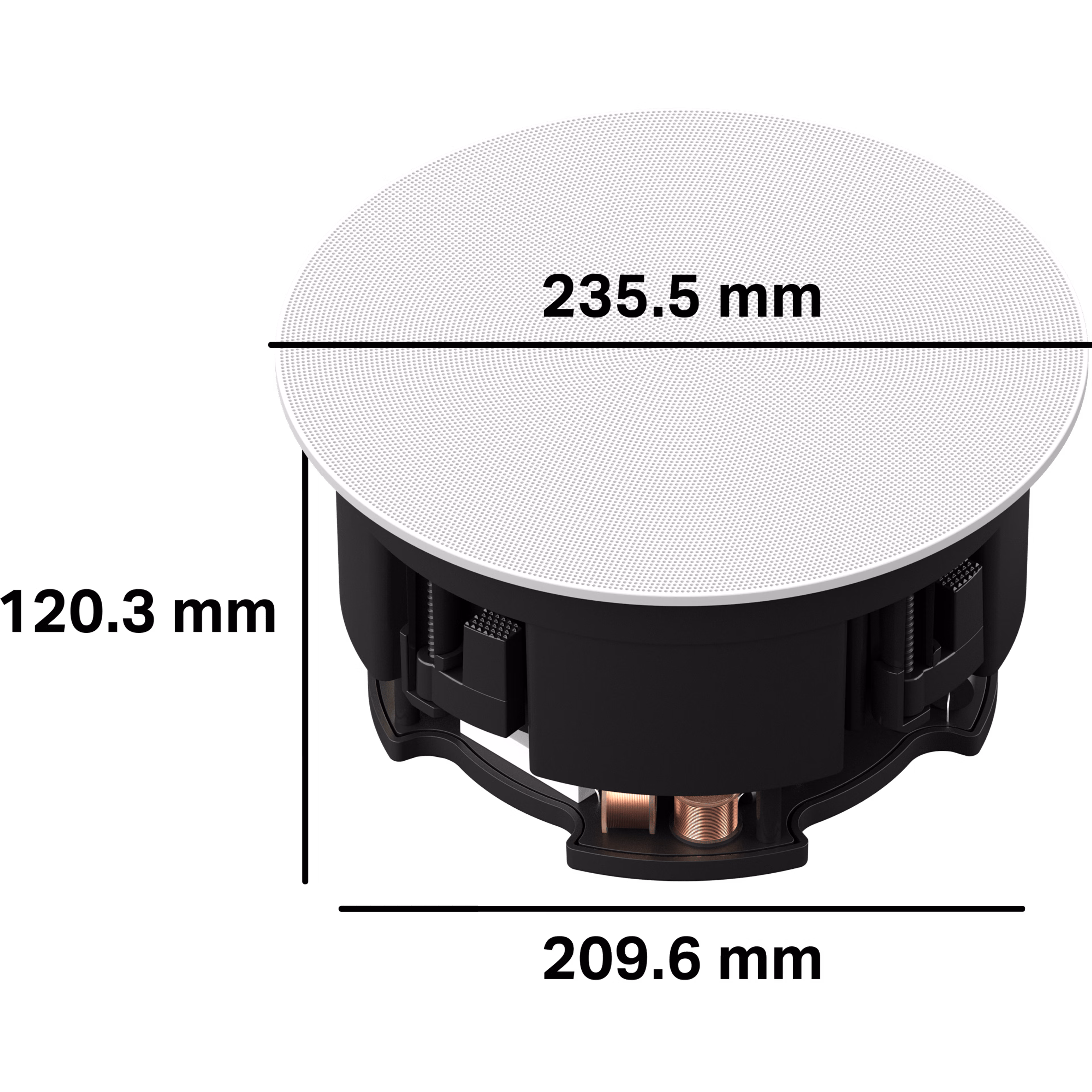 La carcasa para estas bocinas de techo mide 120.3 mm de profundidad y requiere un orificio de 209.6 mm de diámetro. El diámetro de la rejilla exterior es de 235.5 mm.
