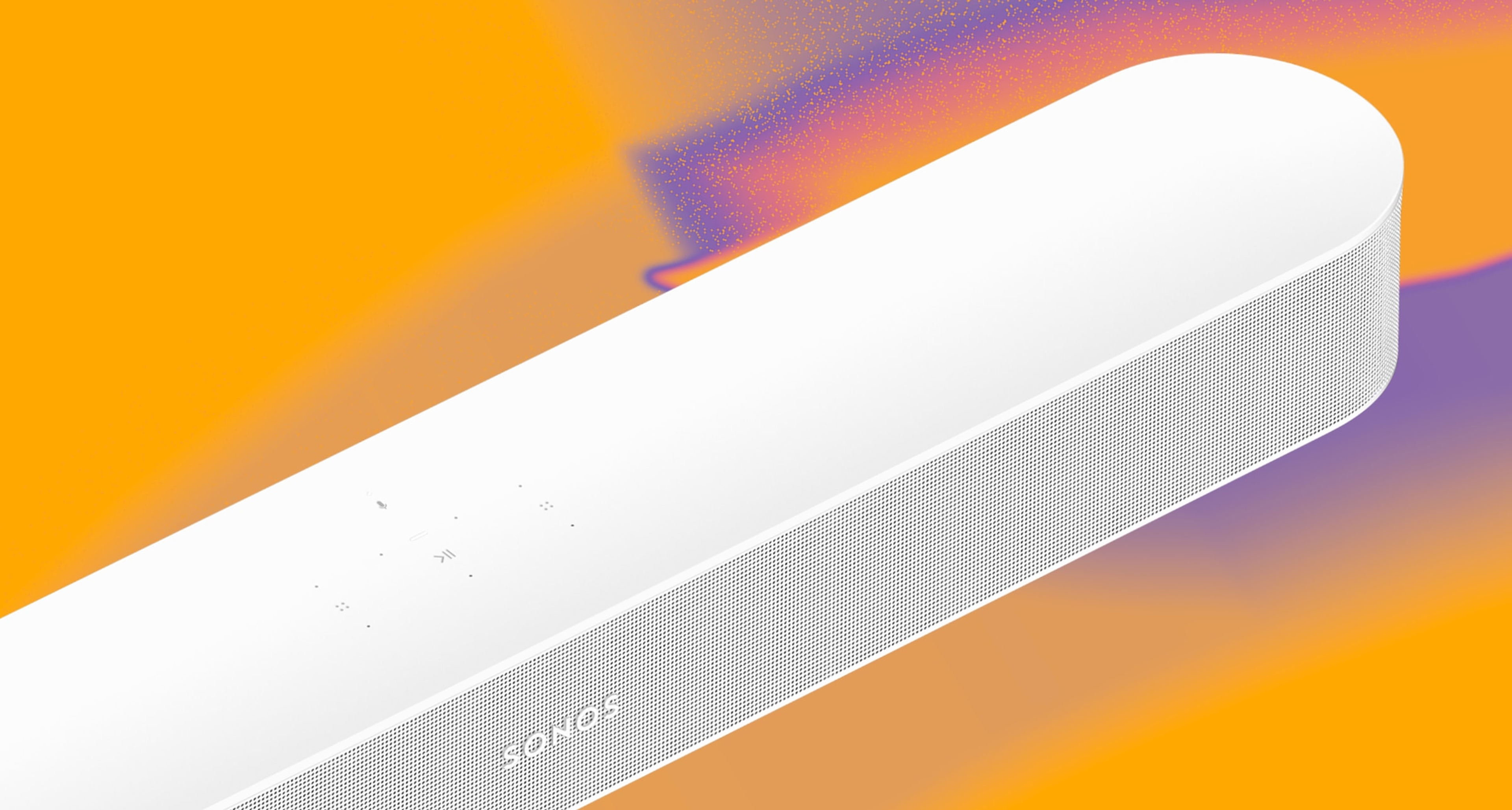 A white Sonos Beam soundbar on a purple, orange, and yellow graphic background