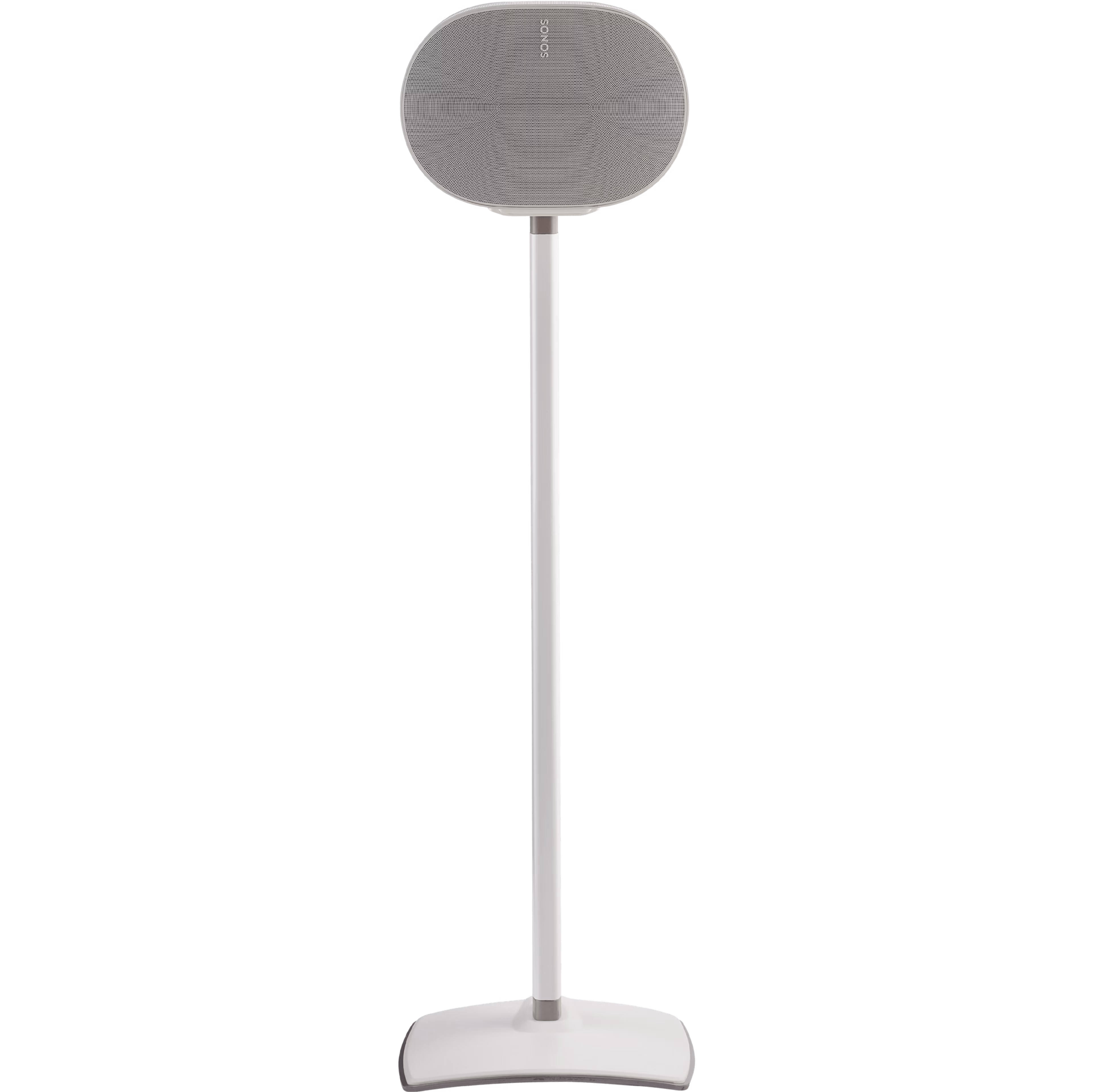 Image of the front of a white Sanus stand holding a white Sonos Era 300 speaker