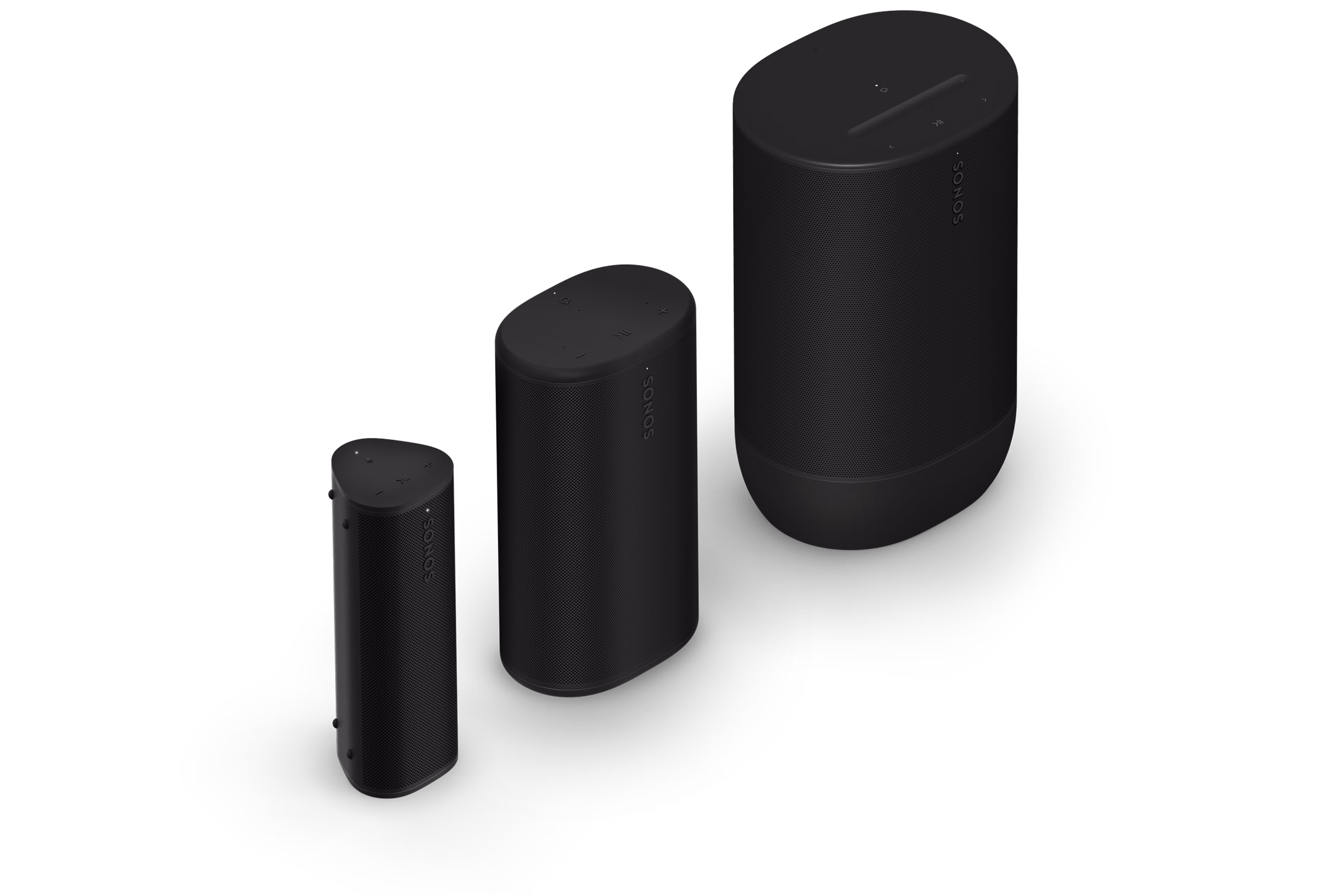 Sonos Roam 2, Sonos Play and Sonos Move 2 in black