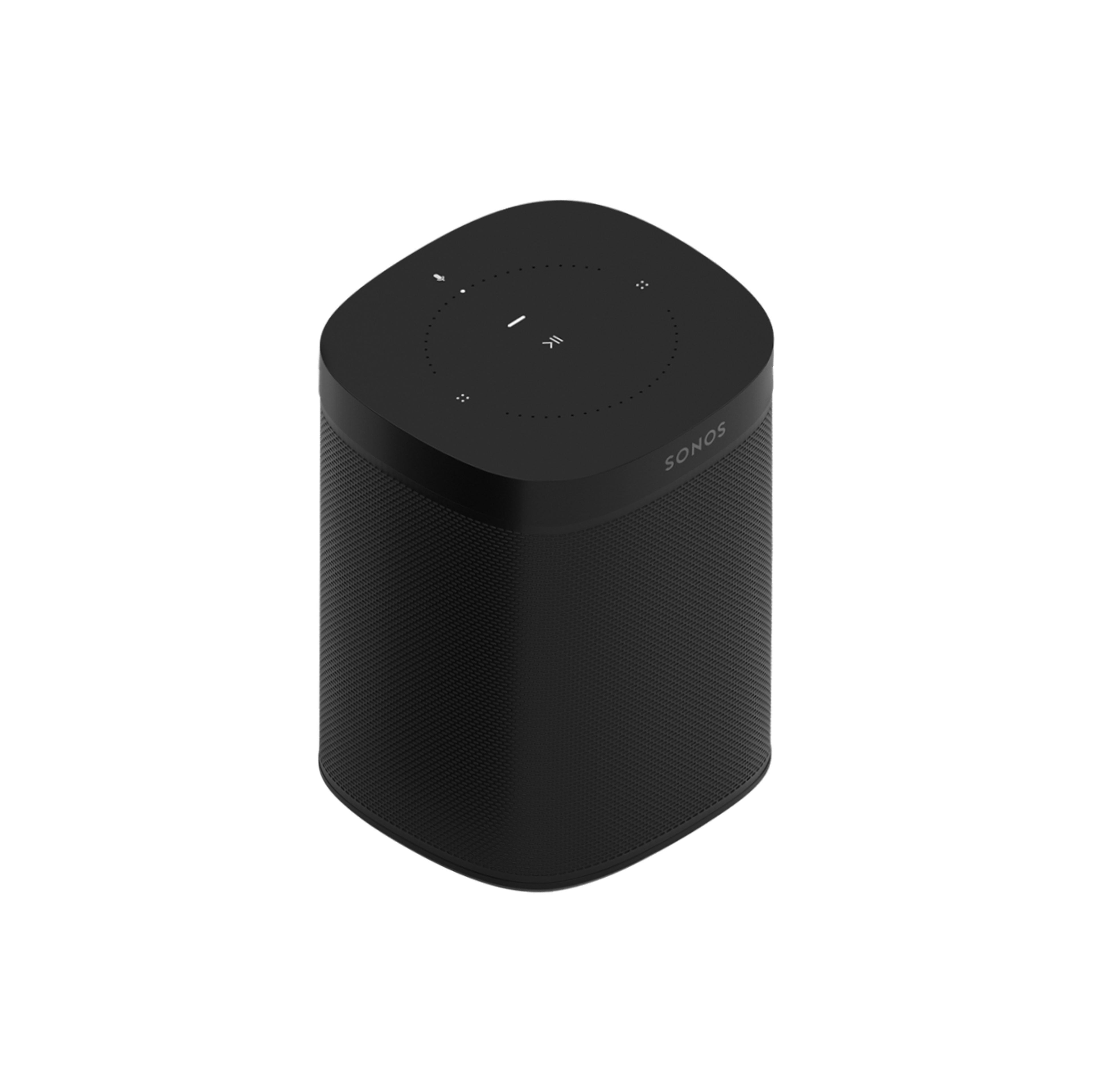 Imagen de un Sonos One en negro girado hacia un lado