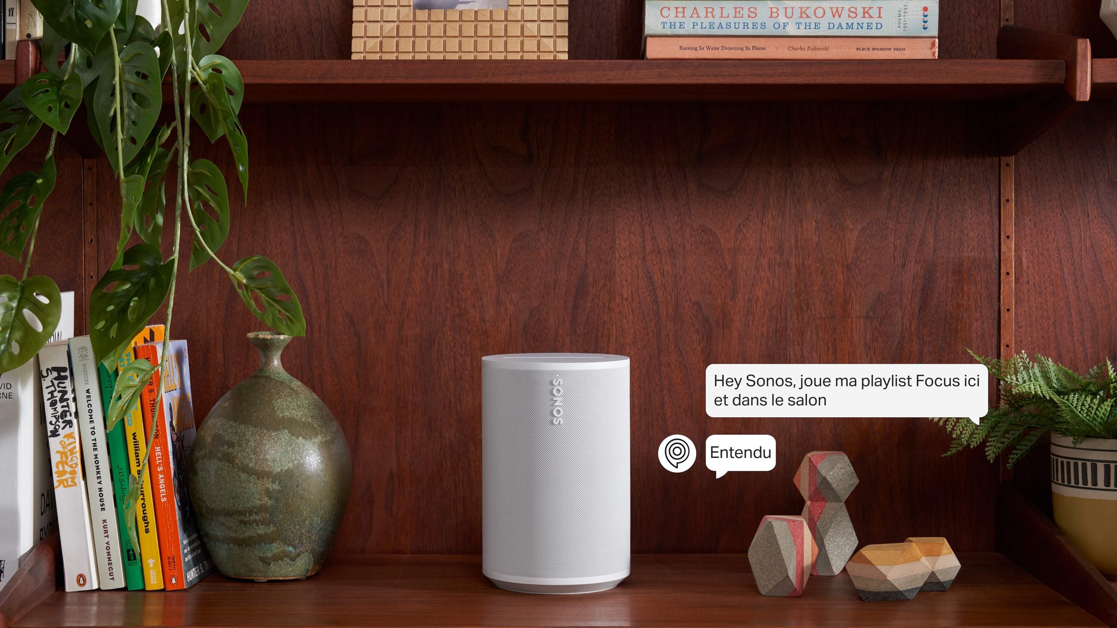 Une enceinte Sonos Era 100 blanche sur une étagère près d'une plante