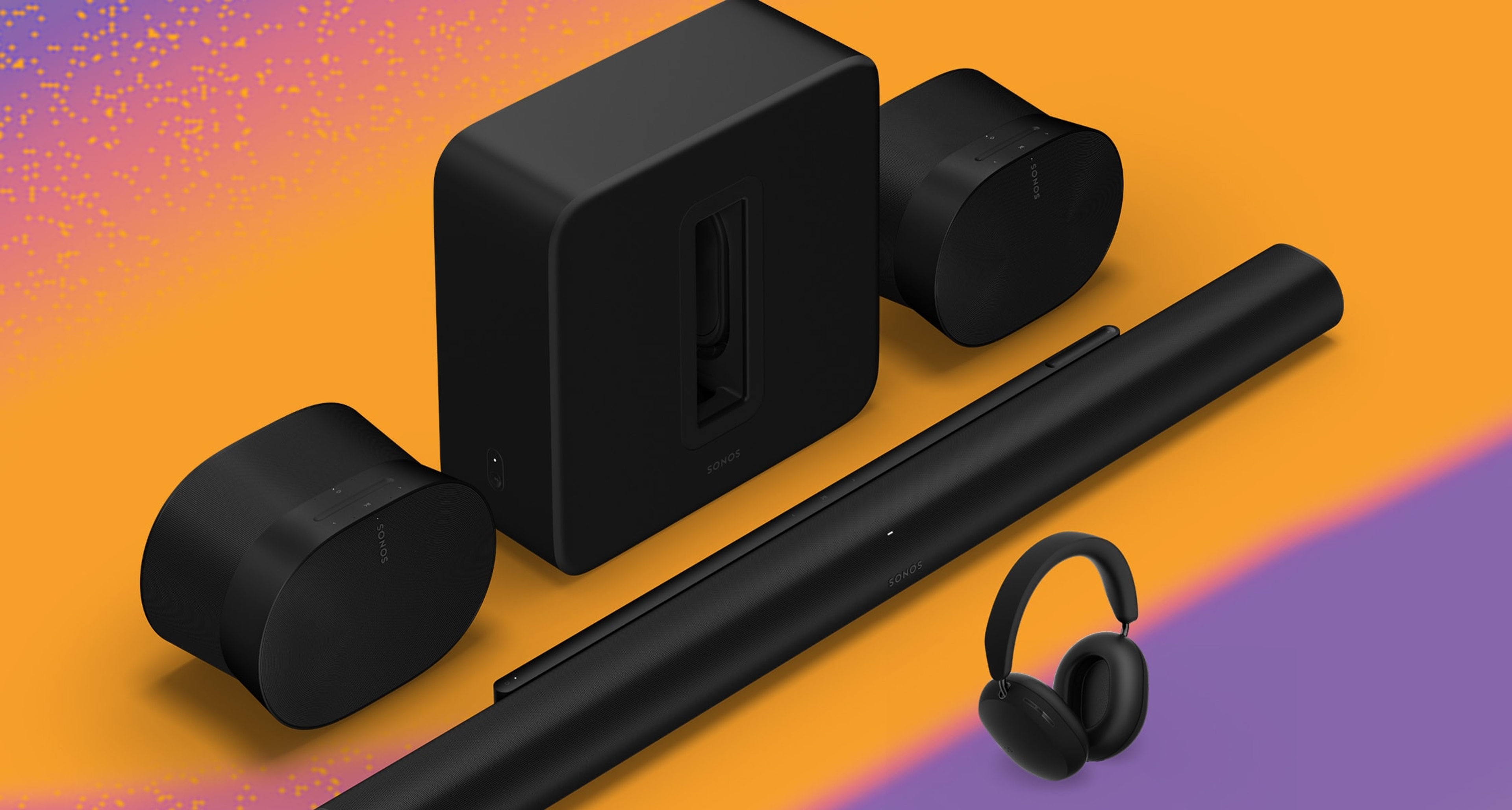 A black Sonos home theater set of Arc Ultra, Sub 4, two Era 300 speakers, and Sonos Ace headphones, on an orange and purple background