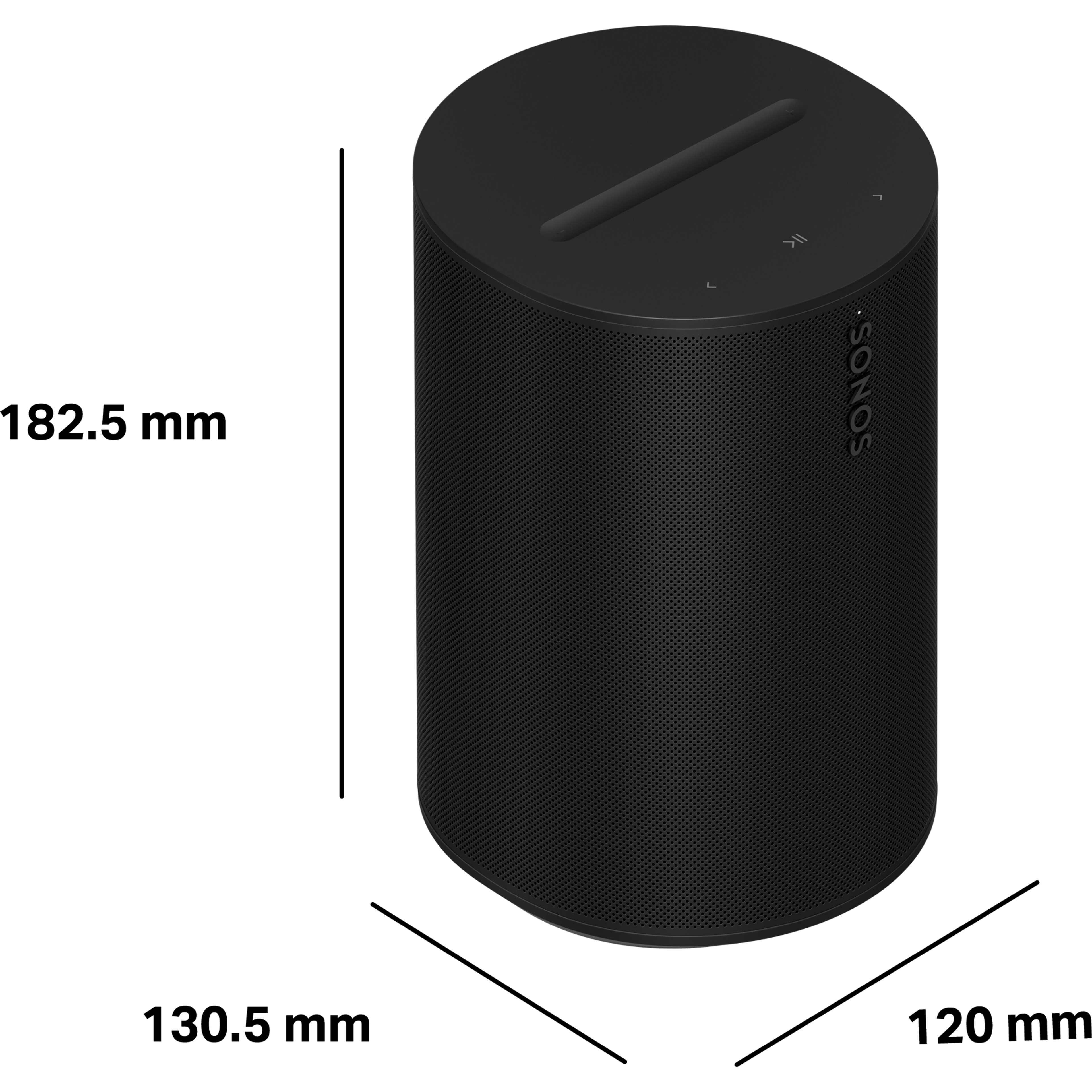 Sonos 100 SLの寸法：高さ 182.5mm、奥行き 130.5mm、幅 120mm