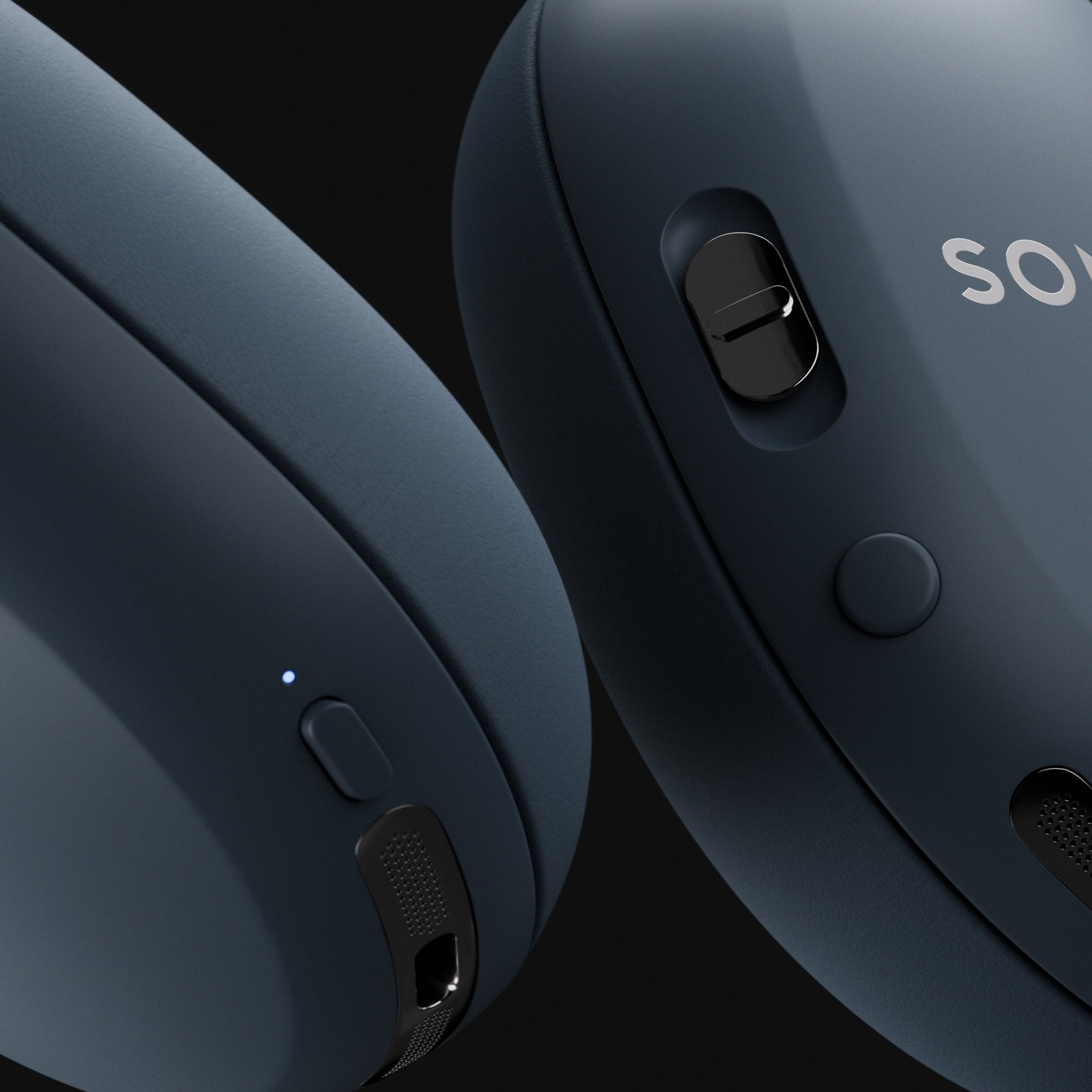 Closeup detail of the controls on a pair of Sonos Ace Ultra headphones in Agave