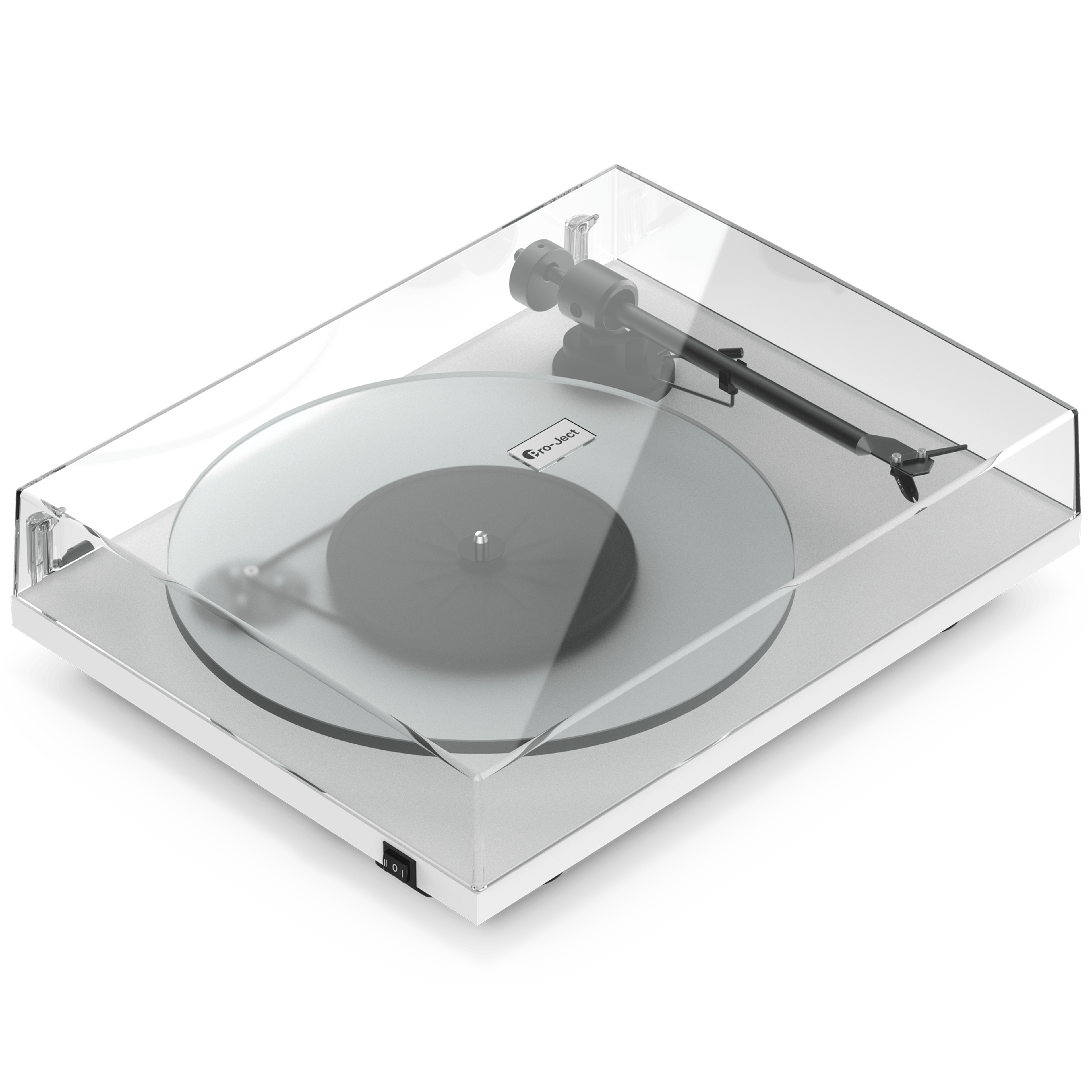 Front-angle view of a white Pro-Ject T1 Evo Phono turntable with dust cover 