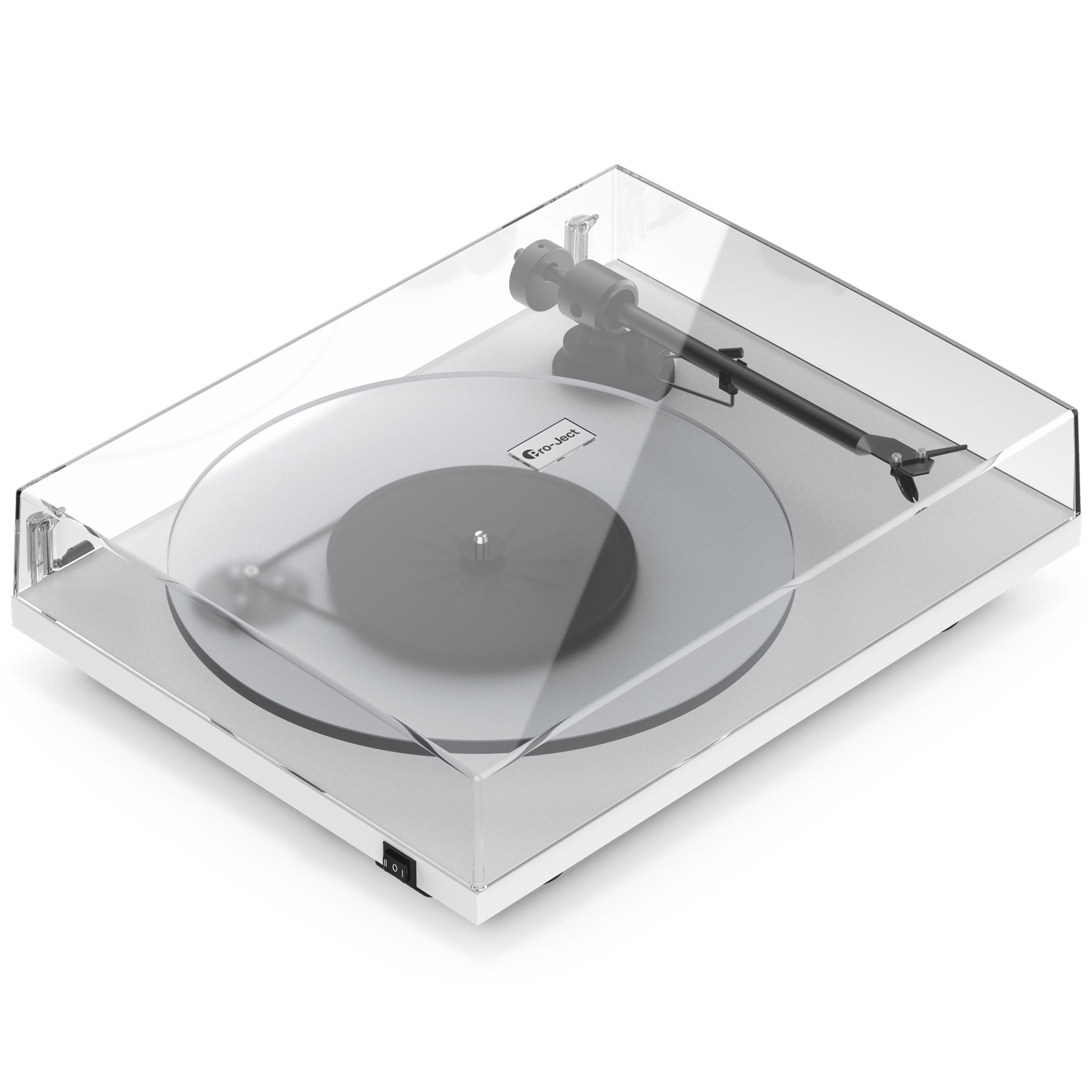 Front-angle view of a white Pro-Ject T1 Evo Phono turntable with dust cover