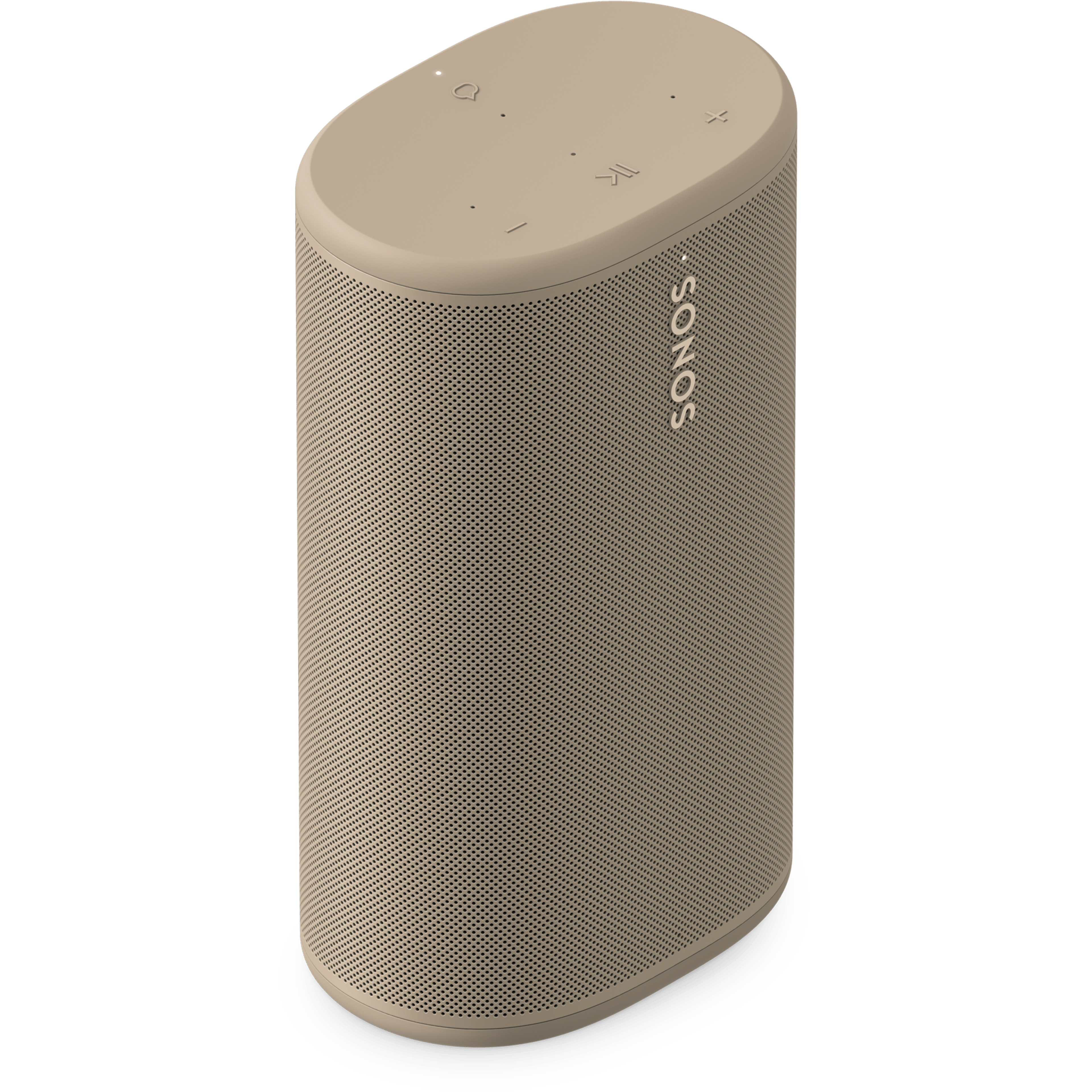 Vue de trois quarts avant d’un Sonos Play couleur Sable légèrement incliné