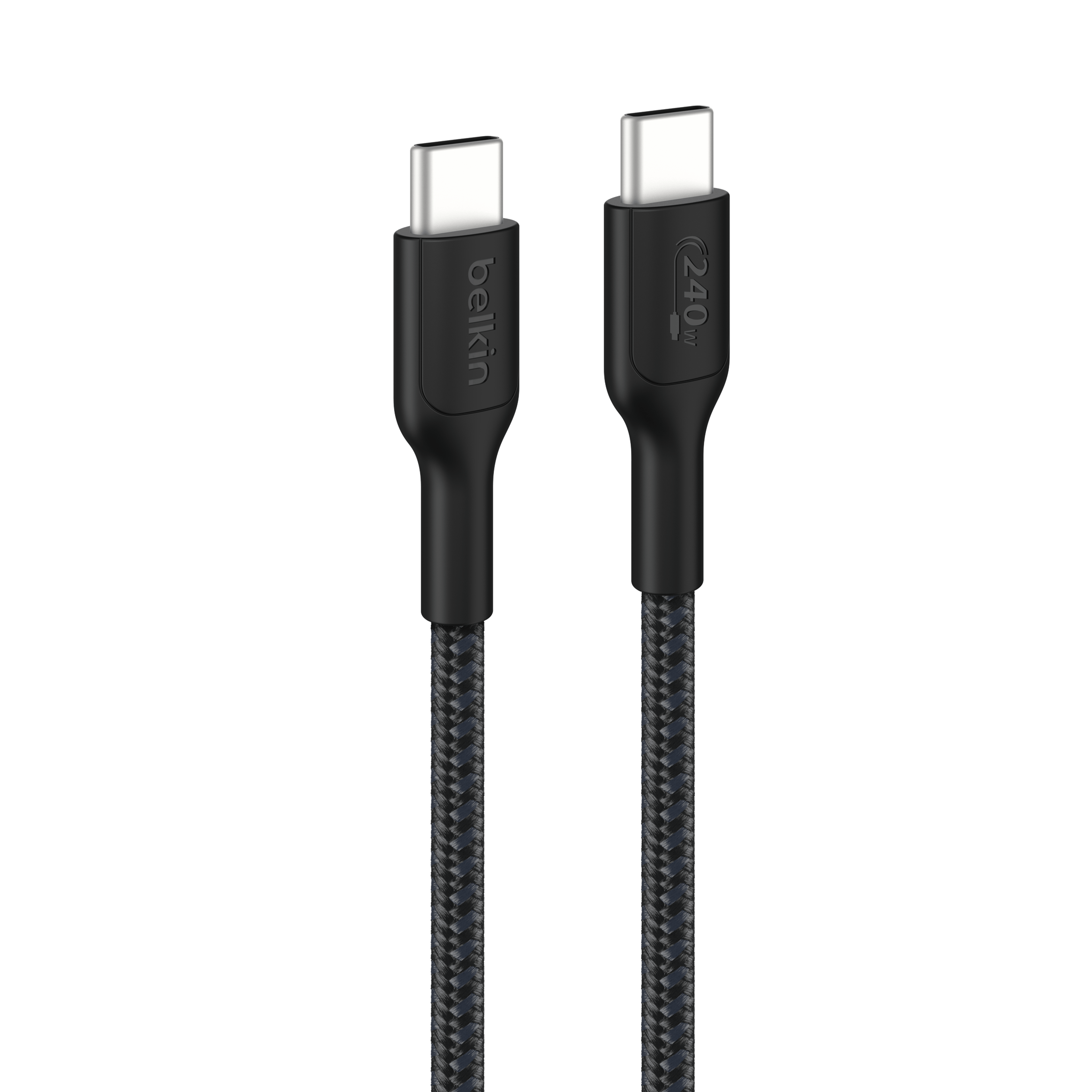 Both ends of a black Belkin USB-C cable showing the logo and 240W rating on the connectors