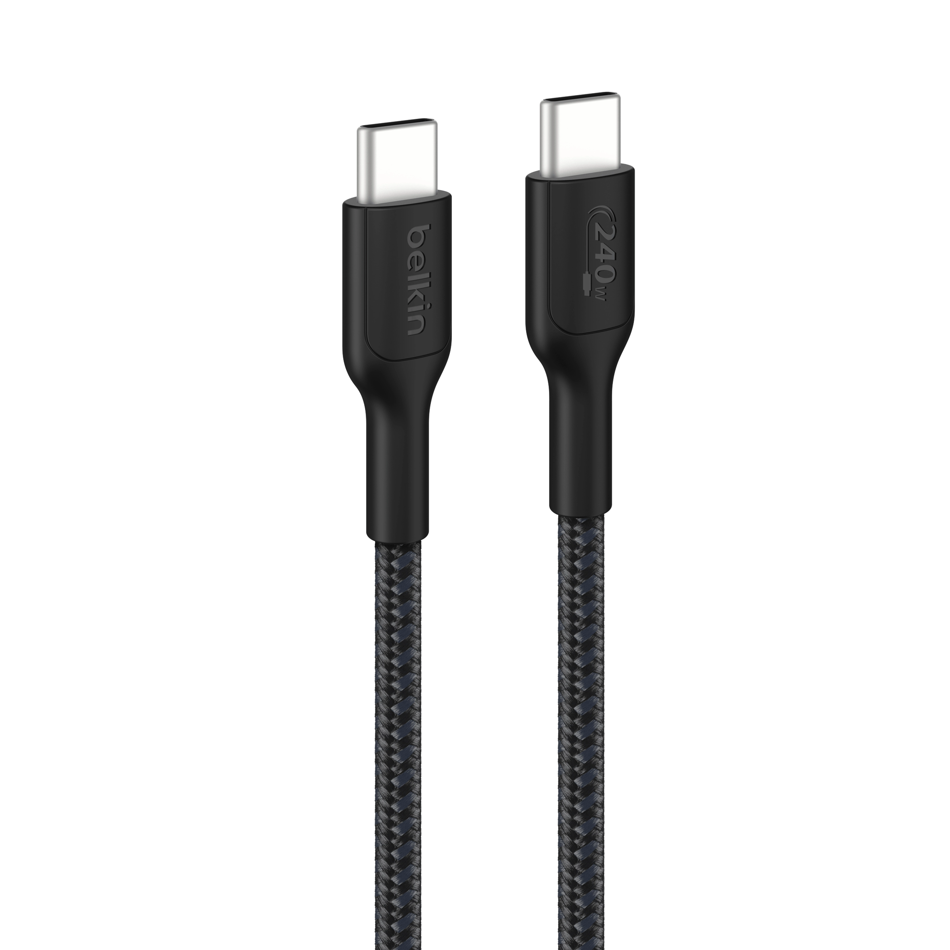 Both ends of a black Belkin USB-C cable showing the logo and 240W rating on the connectors