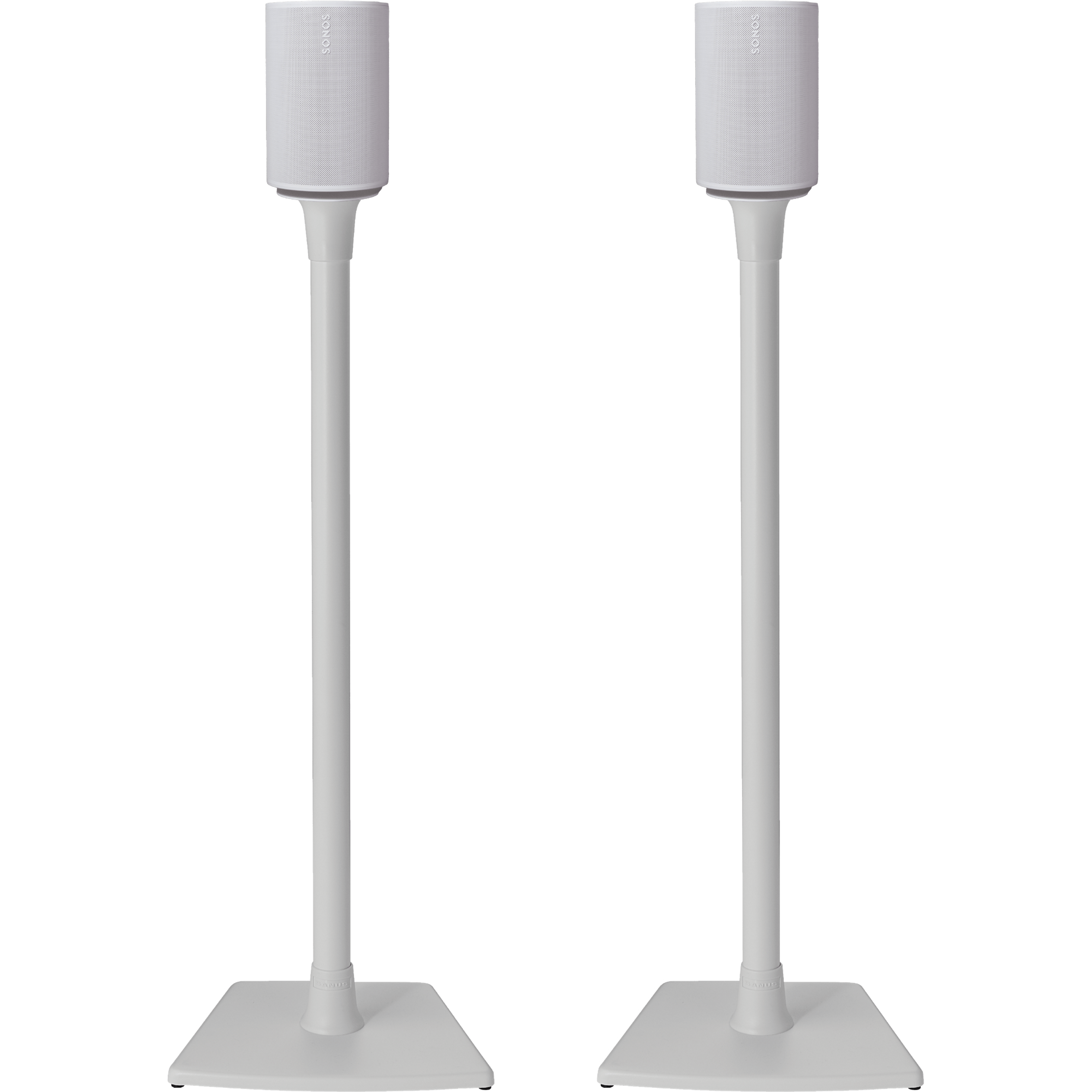 Image of a pair of white Sanus stands holding a pair of white Sonos Era 100 speakers