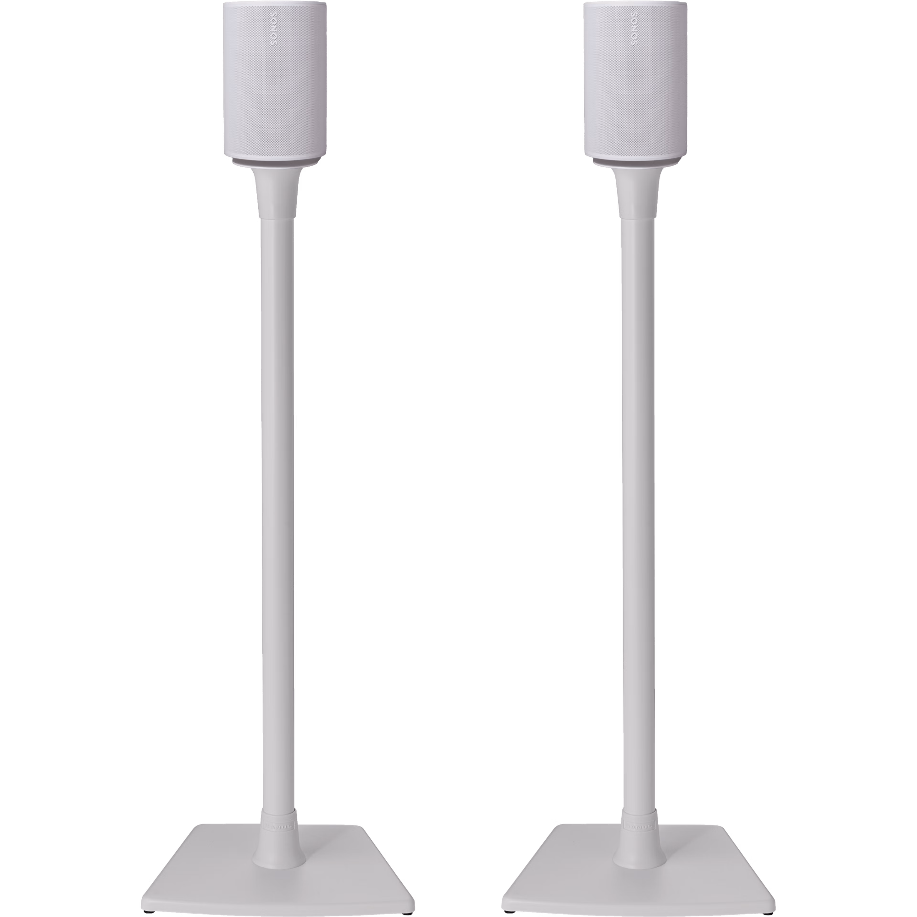 Image of a pair of white Sanus stands holding a pair of white Sonos Era 100 speakers