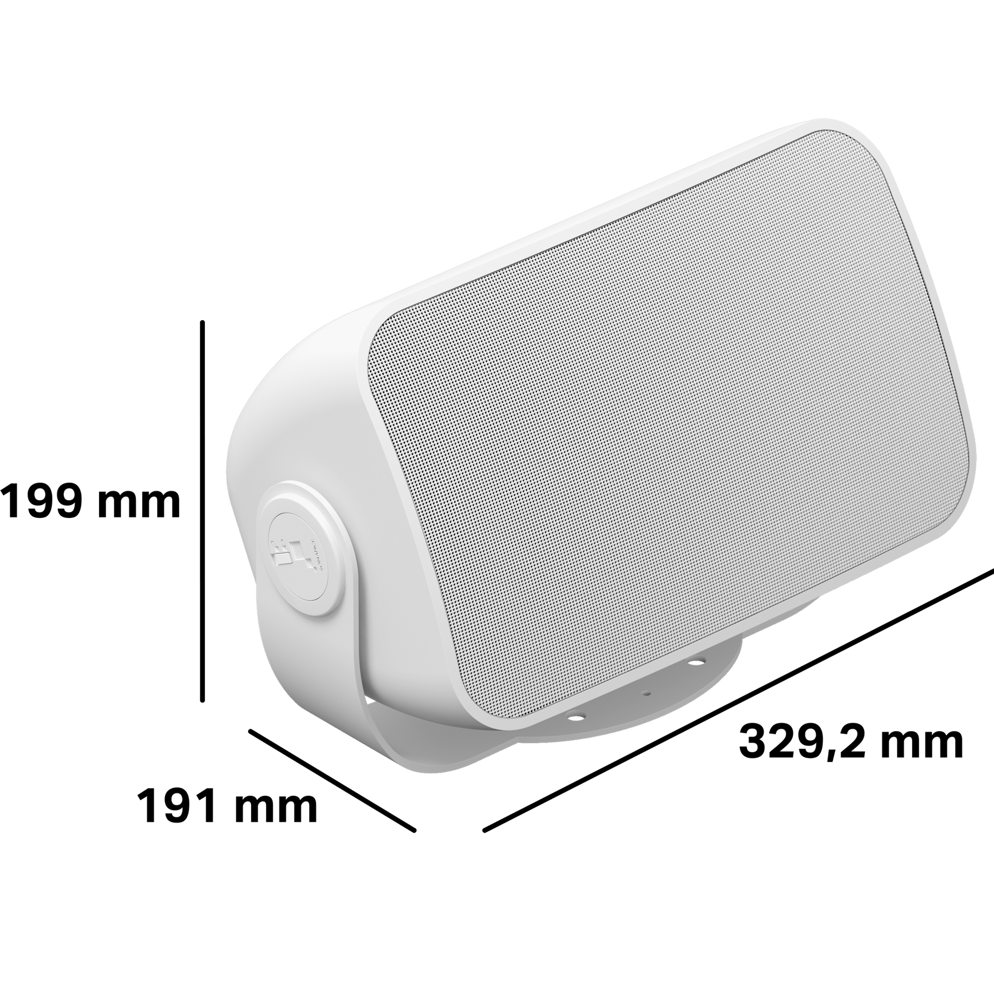Disse utendørshøyttalerne er 199 mm høye, 191 mm dype og 329,2 mm brede