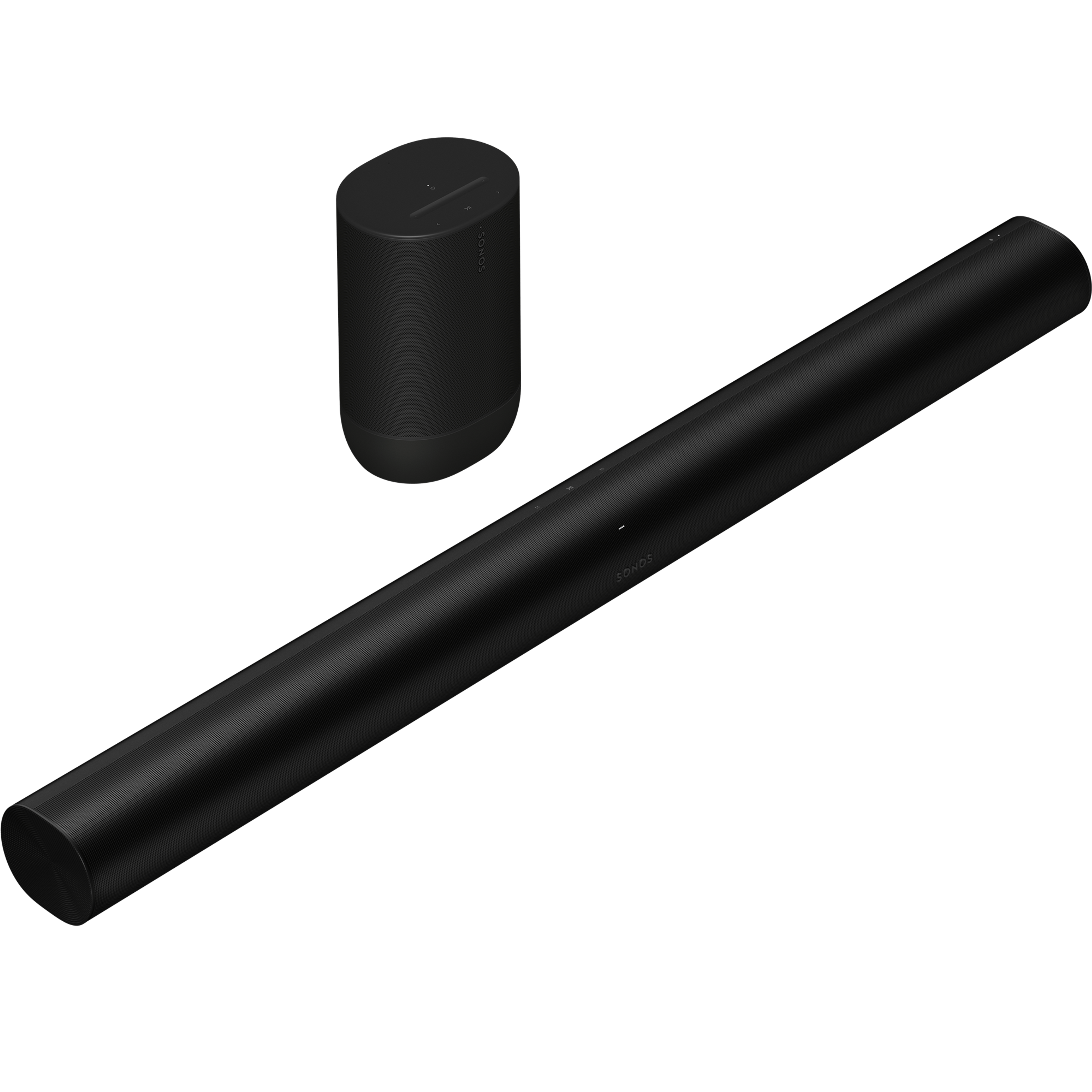 Image of a black Sonos Arc and a black Sonos Move 2 sitting side by side, turned at an angle