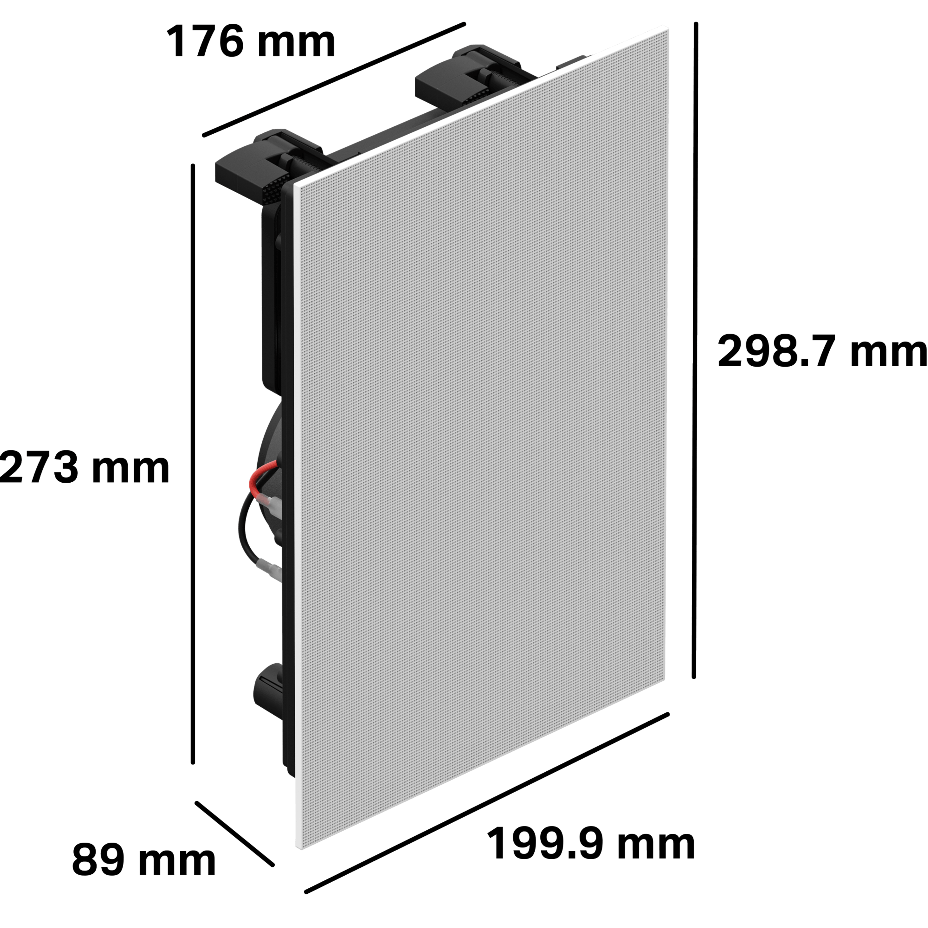 这些入墙式音响的外壳高273 mm，宽176 mm，深89 mm。外部格栅宽199.9 mm，高298.7 mm。
