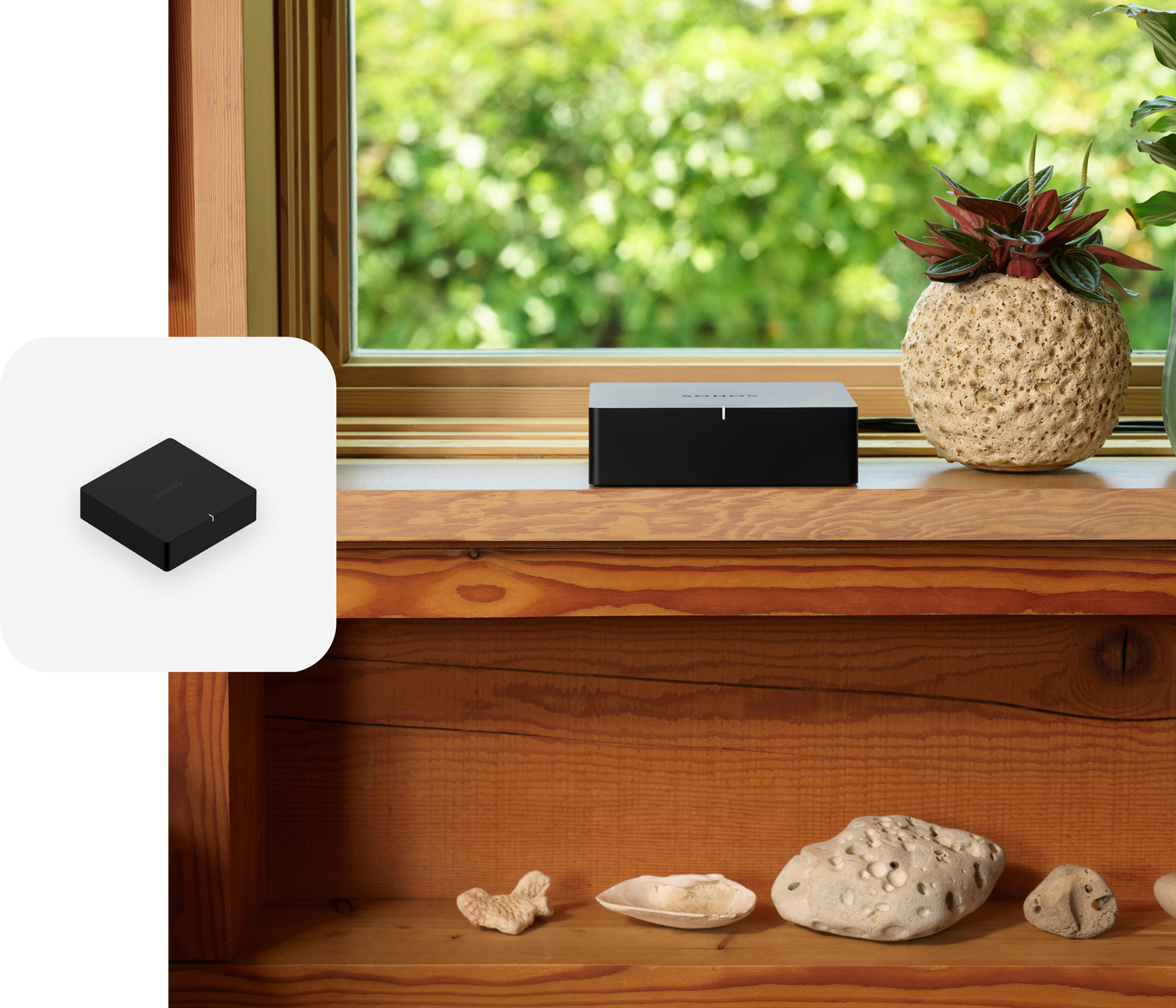 Black Sonos Port on a windowsill with a black Port product tile overlay
