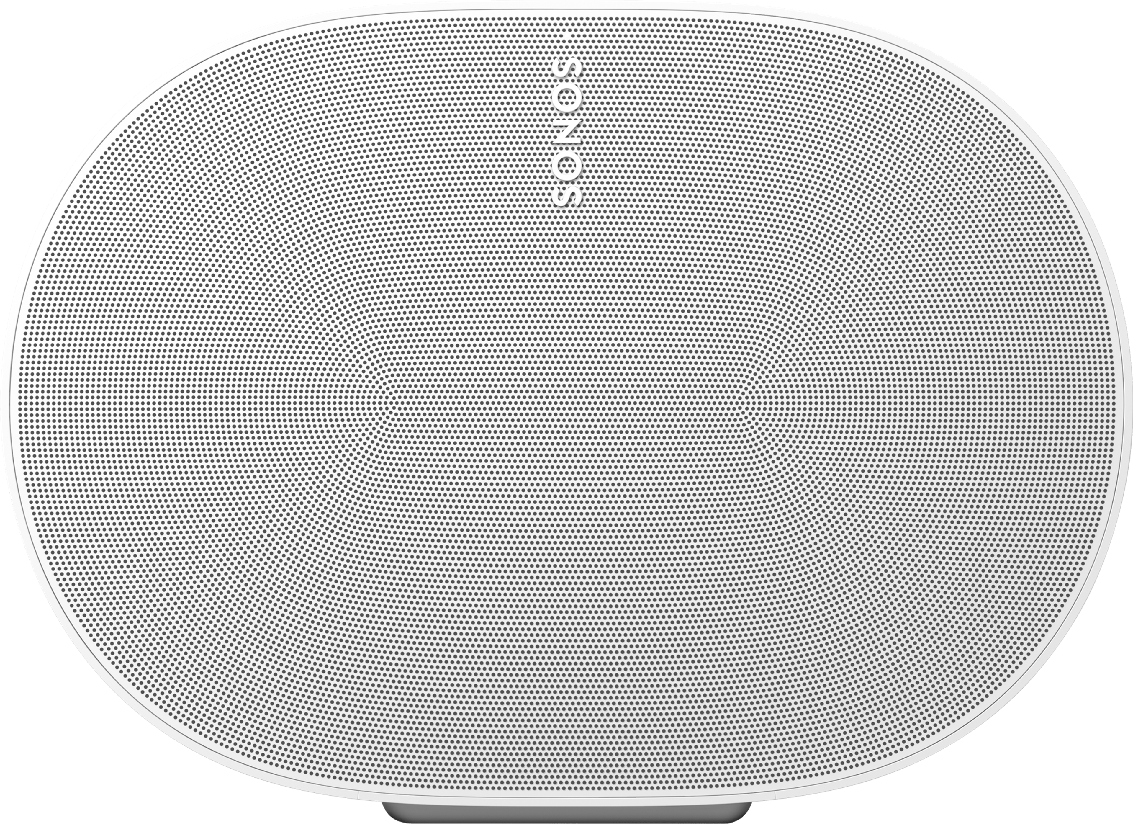 Closeup of the front of a white Sonos Era 300 speaker