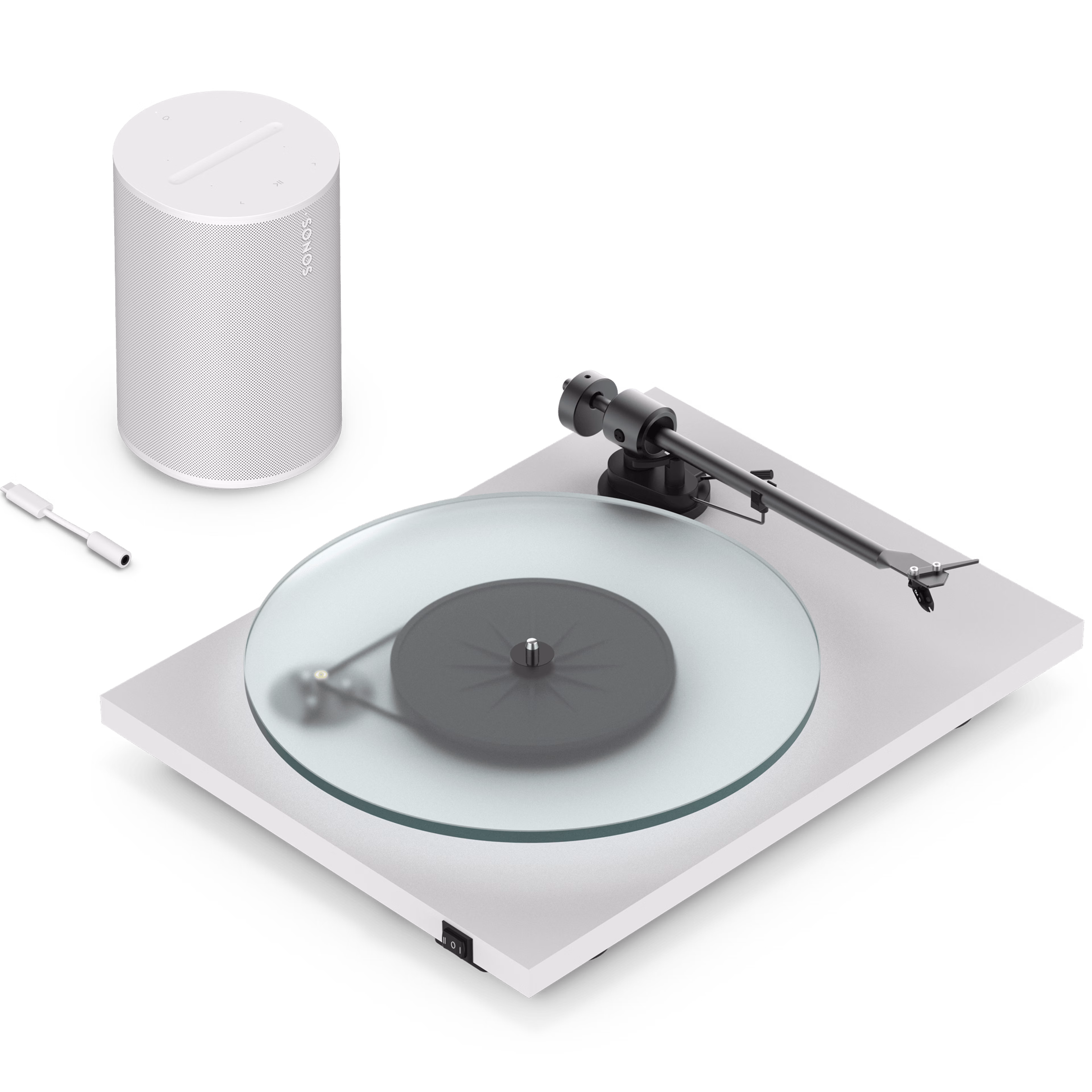 Overhead-angle view of a white Sonos Era 100 with a white Pro-Ject T1 Evo Phono turntable and a white line-in adapter