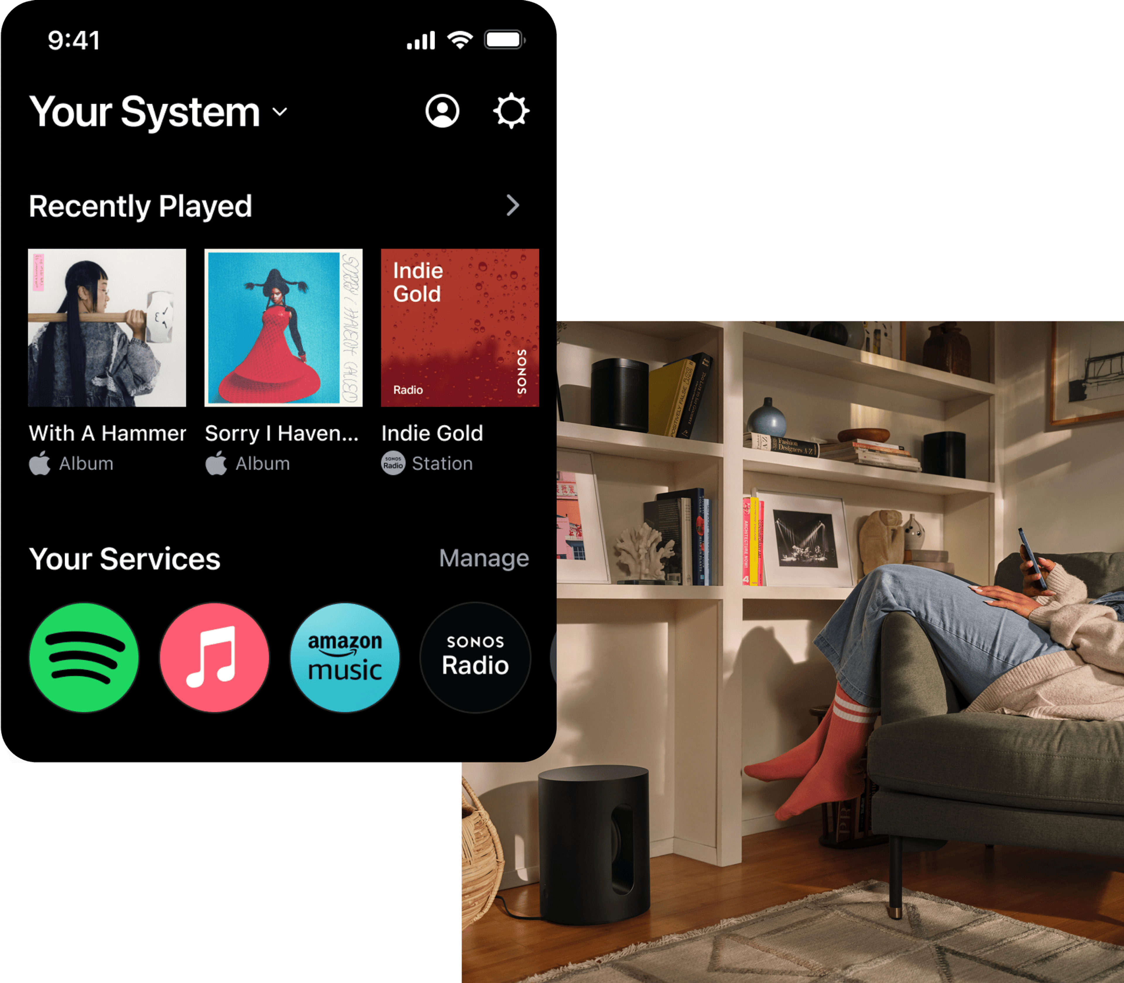 Example of the Recently Played screen and music service icons within the Sonos app
