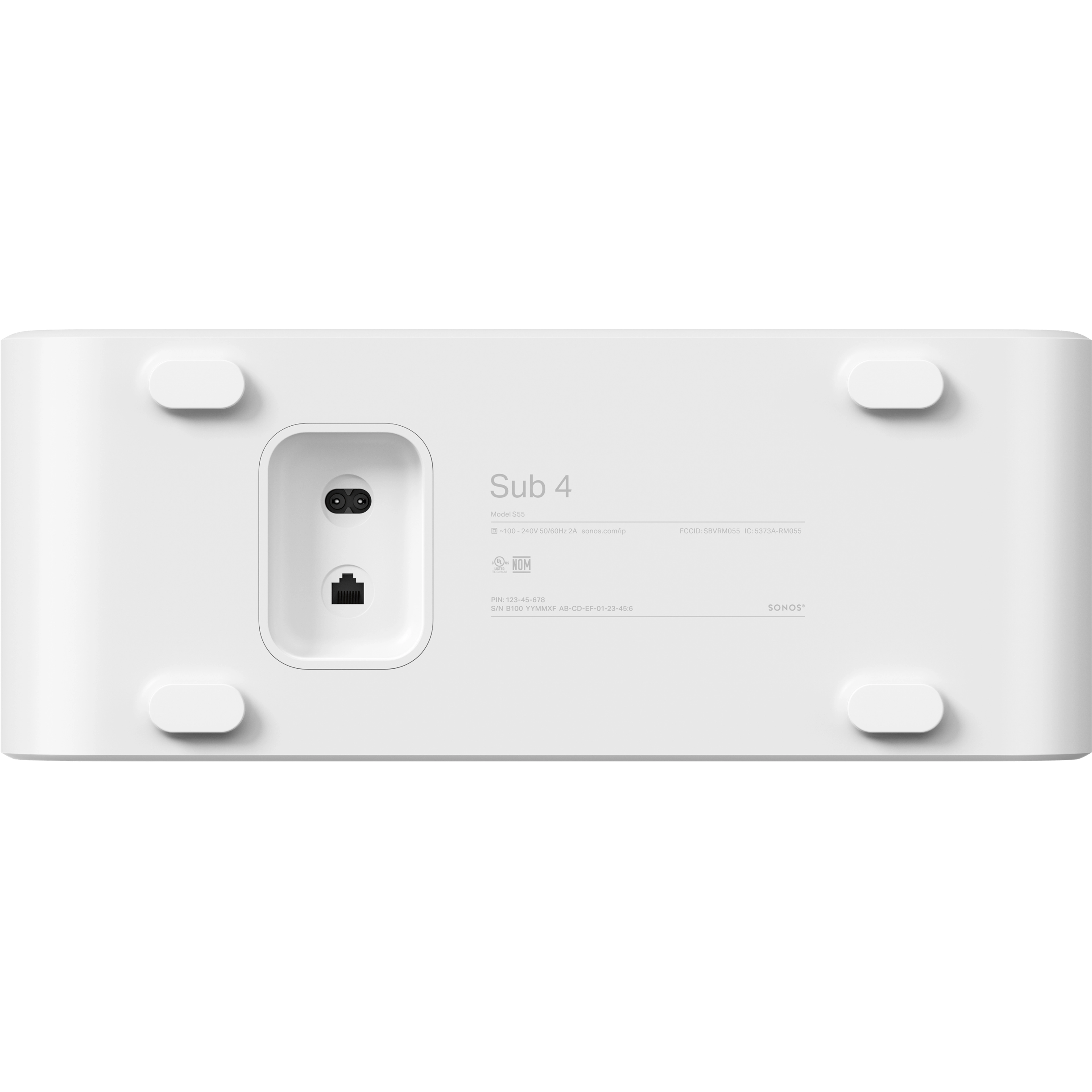 Spodní část bílého Sub 4 a zásuvka napájecího kabelu