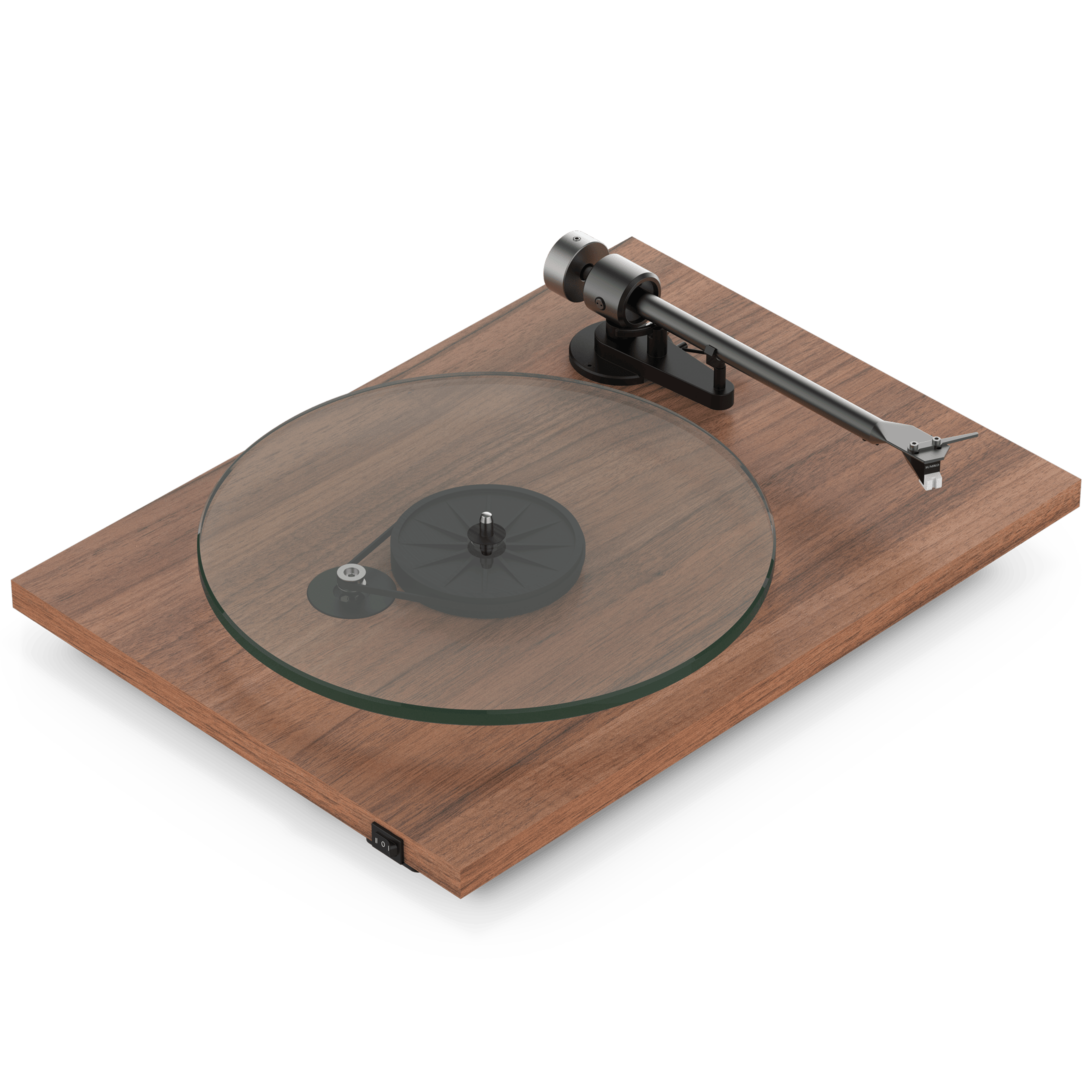 Front-angle view of a walnut Pro-Ject T2 Super Phono turntable without its dust cover 