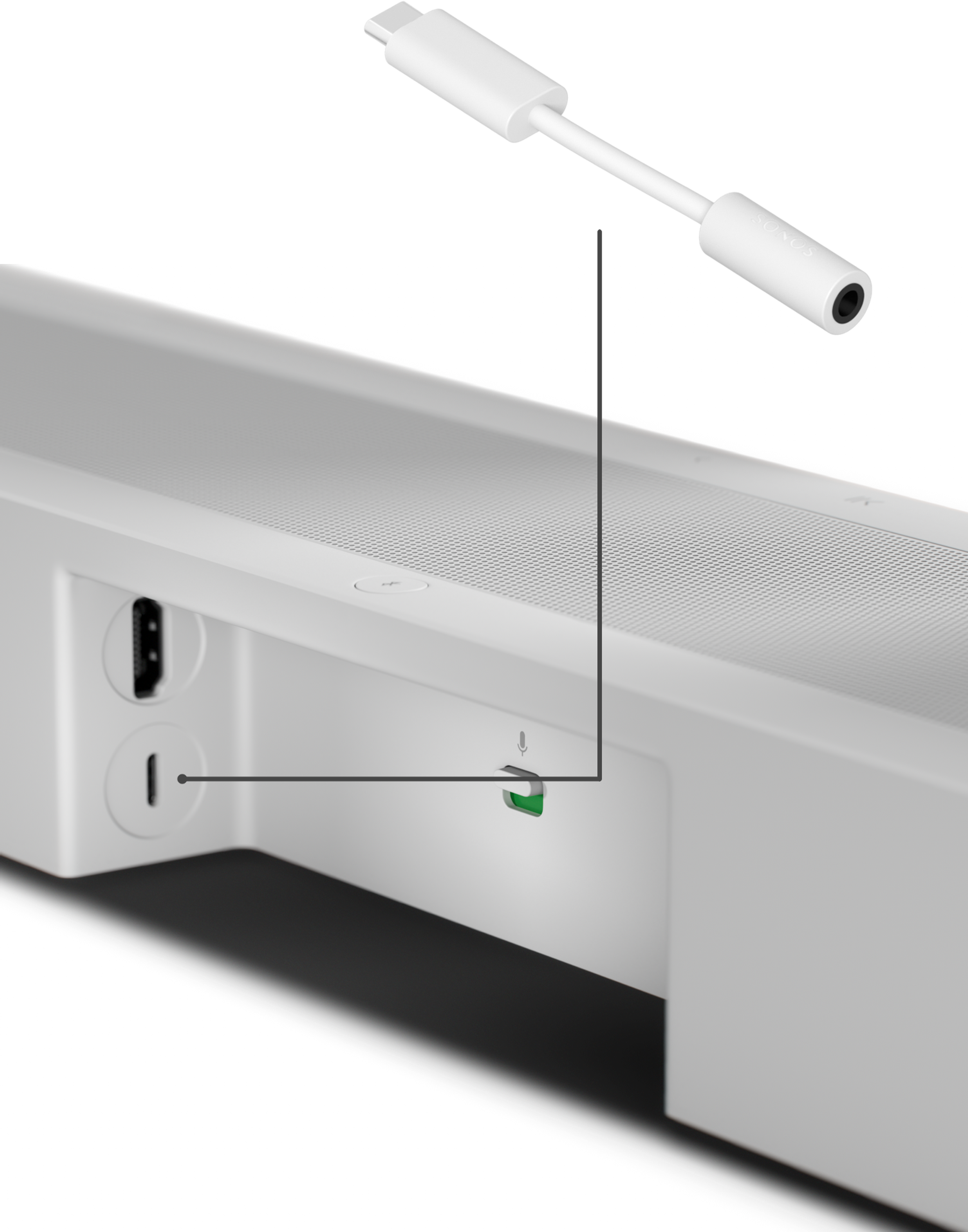 White Sonos Beam Ultra rear with USB-C to 3.5mm line-in adapter pointing to the USB-C port