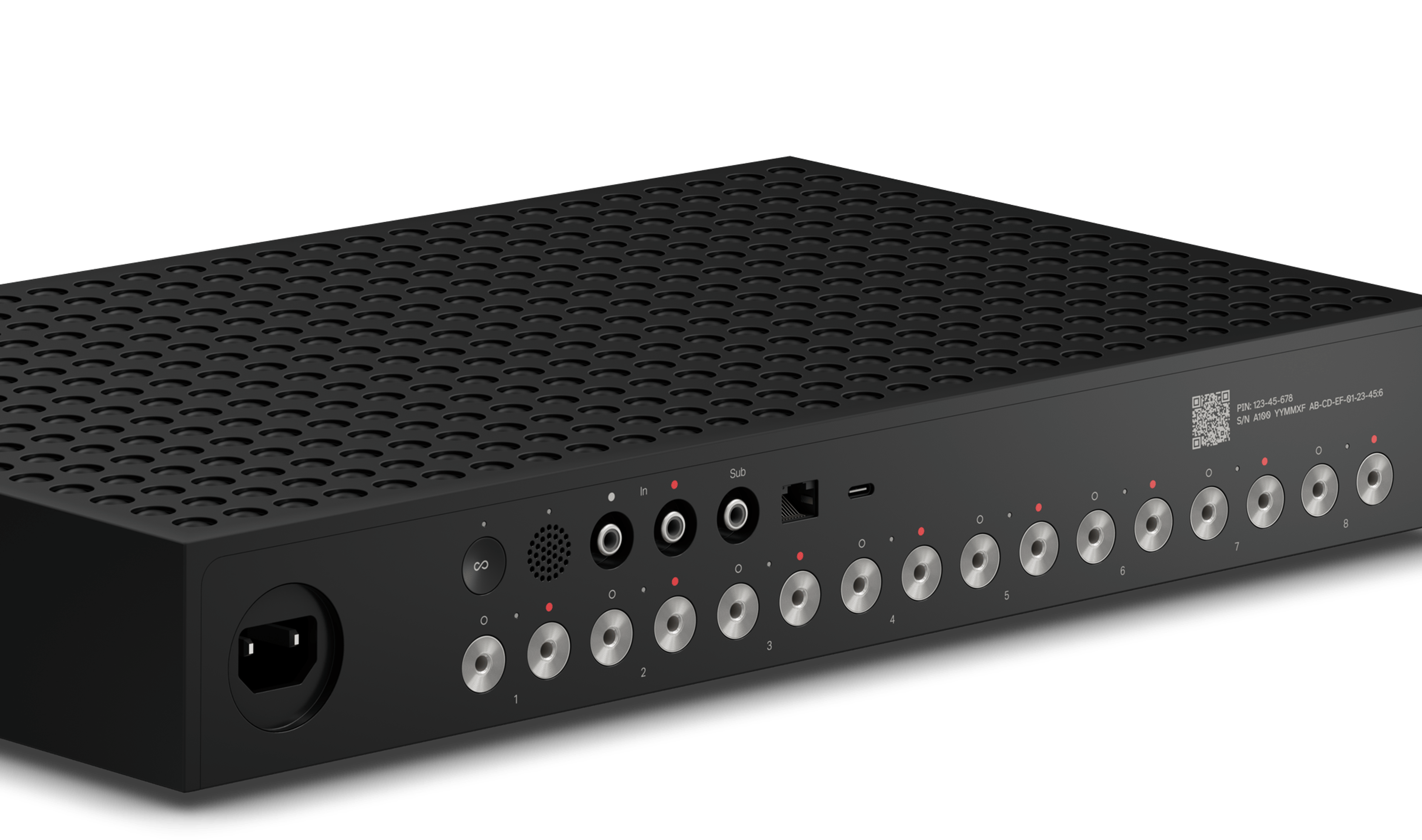 Il pannello posteriore di Sonos Amp Multi dispone di 8 gruppi di uscite per speaker che permettono di controllare più zone