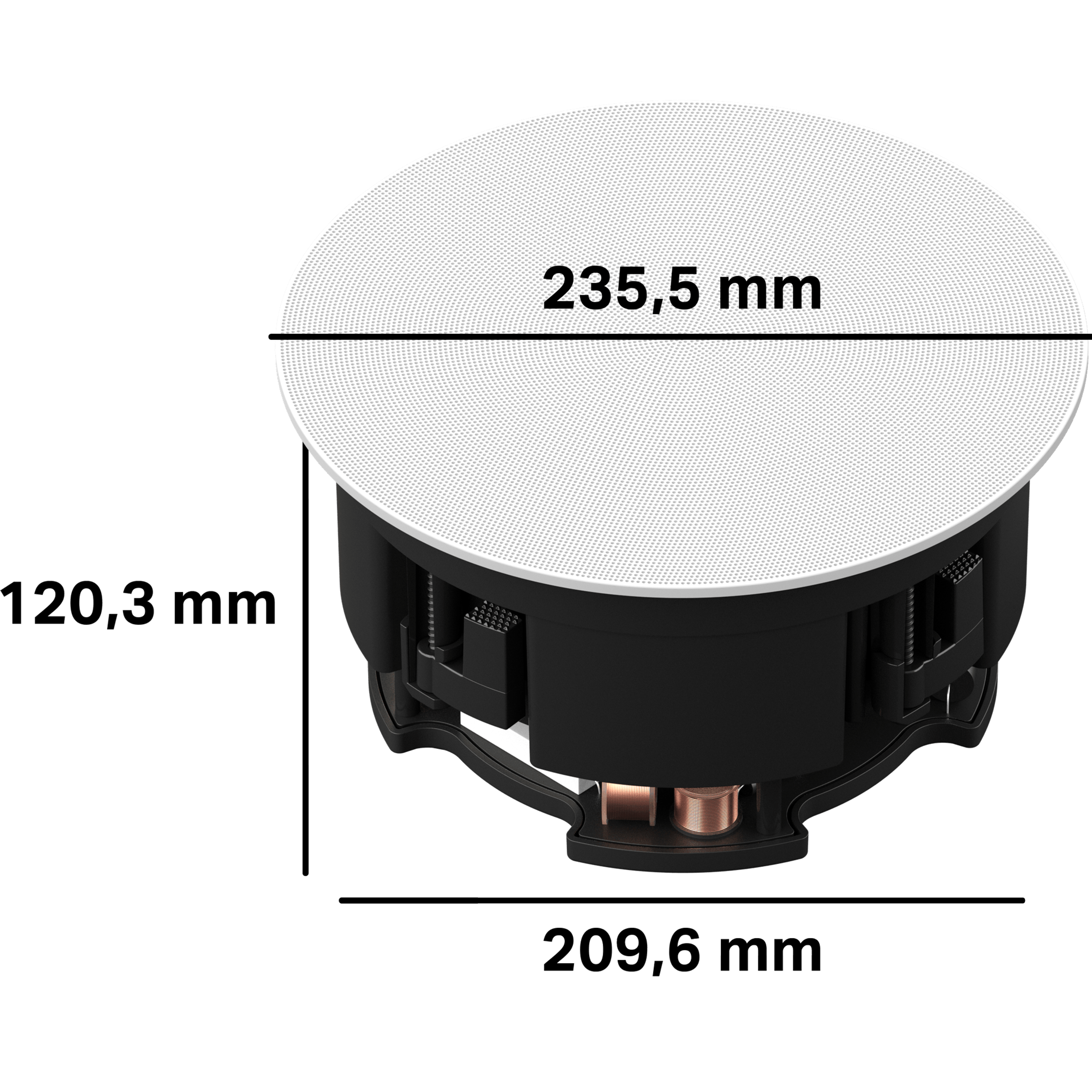 Kabinettet til disse In-Ceiling-høyttalerne er 120,3 mm dypt og krever en utsparing på 209,6 mm i diameter. Diameteren på det utvendige gitterdekselet er 235,5 mm.