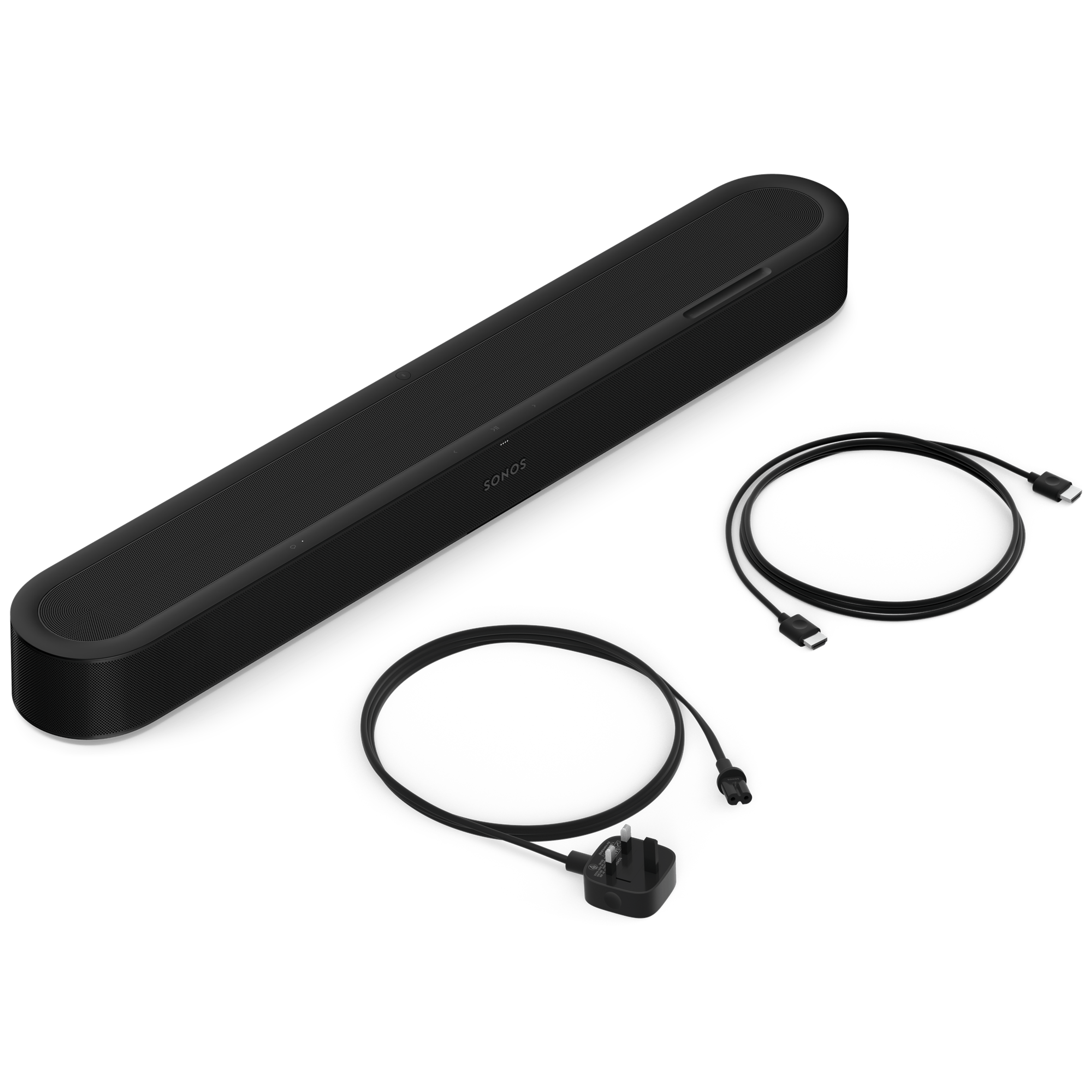 Beam Ultra in black, three-quarter view with included power and HDMI cables