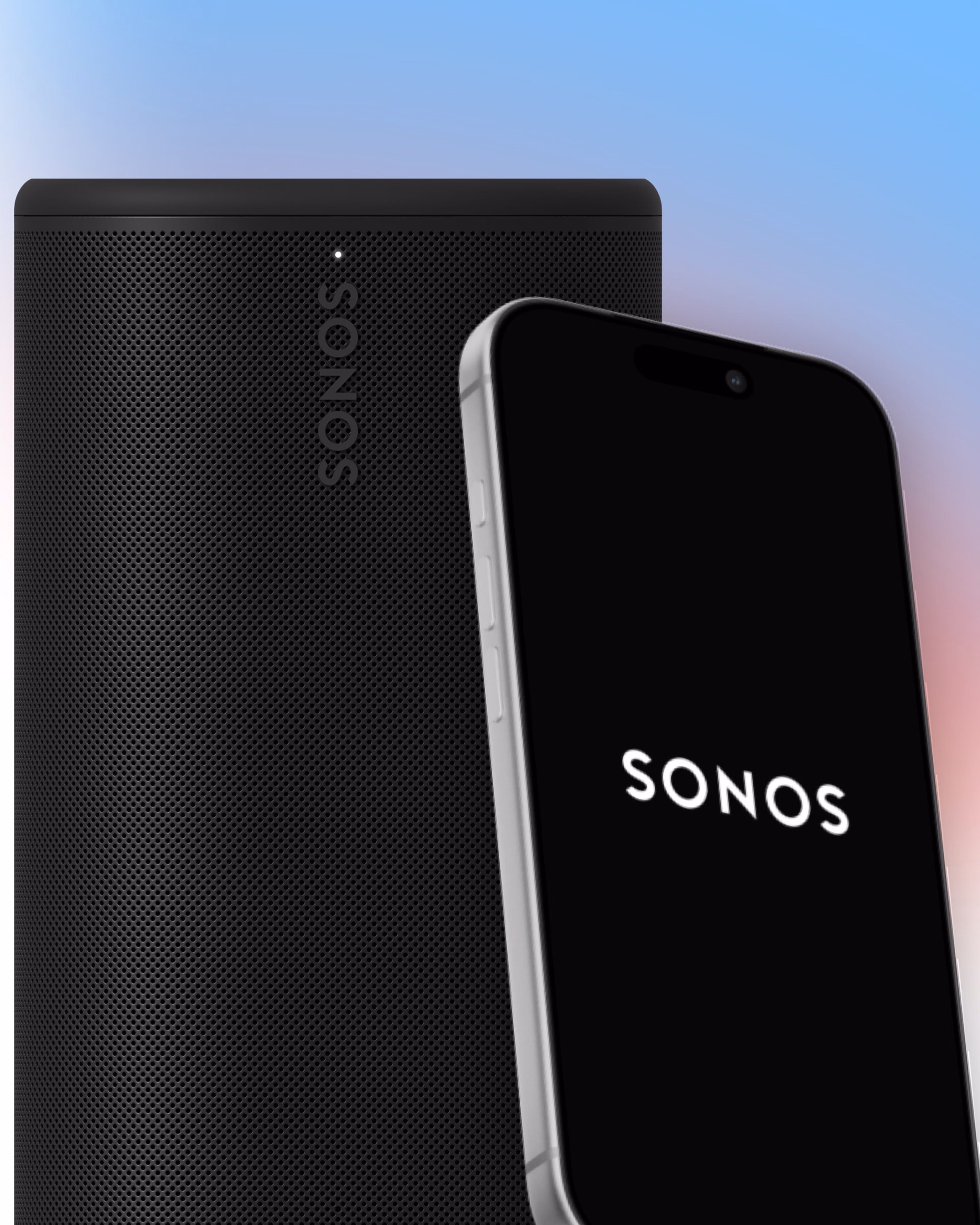 ピンクと青のグラデーションを背景に、スマートフォンの横にあるSonos Play(ブラック)