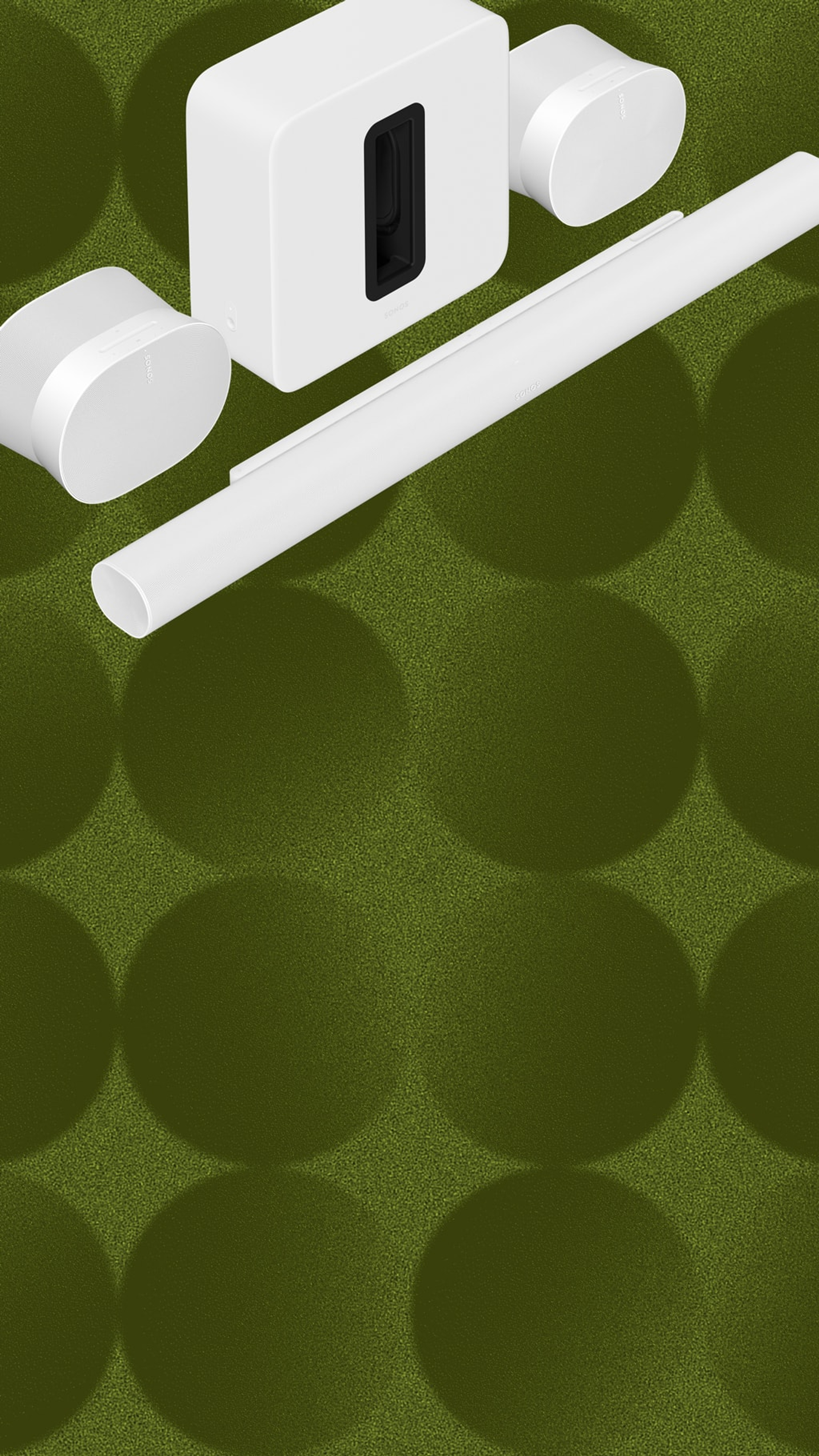 A white Arc Ultra home theater set with Sub 4 and two Era 300 speakers over a green holiday pattern background