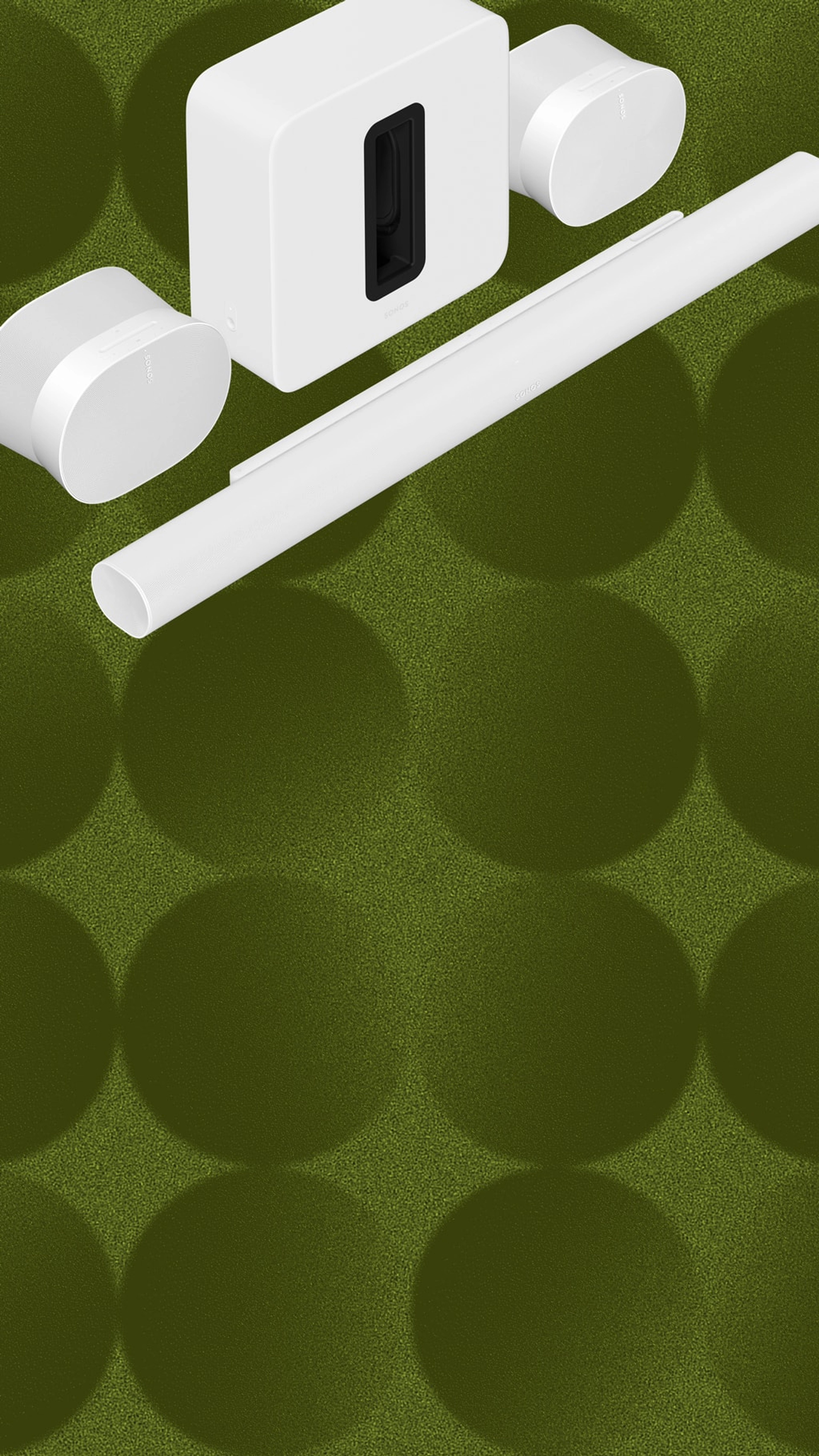 A white Arc Ultra home theater set with Sub 4 and two Era 300 speakers over a green holiday pattern background