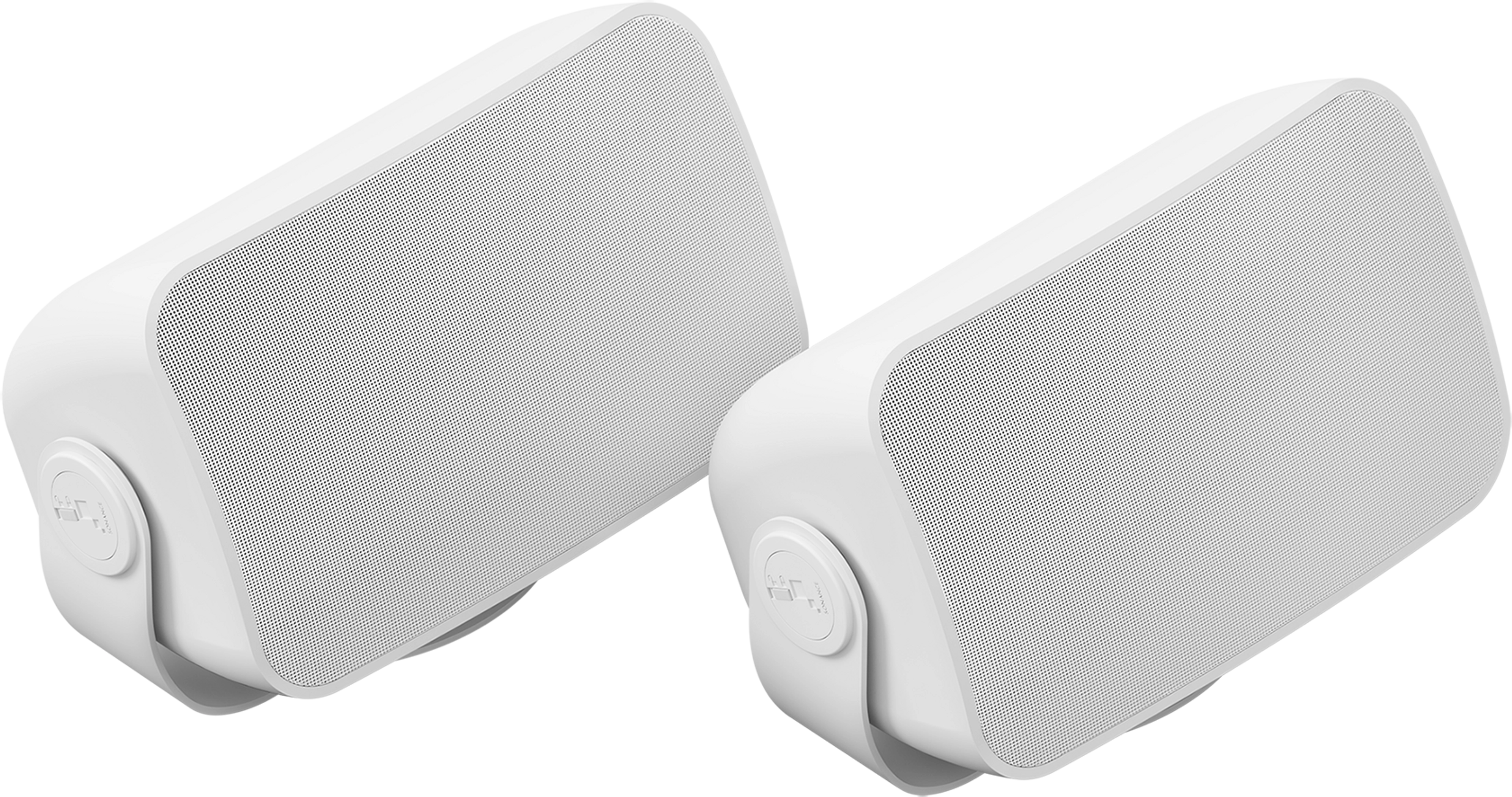 A pair of white Sonos and Sonance outdoor speakers