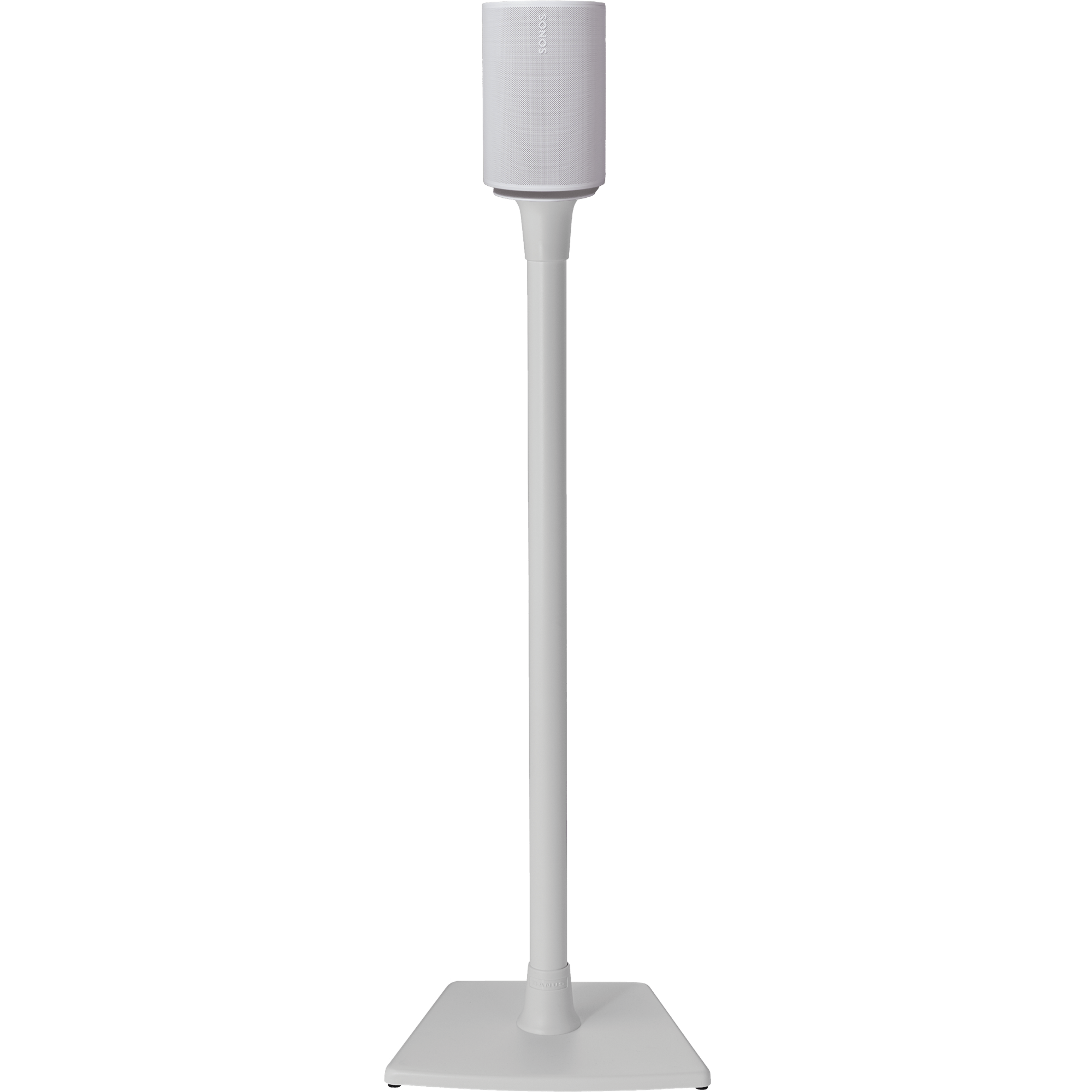 Image of the front of a white Sanus stand holding a white Sonos Era 100 speaker