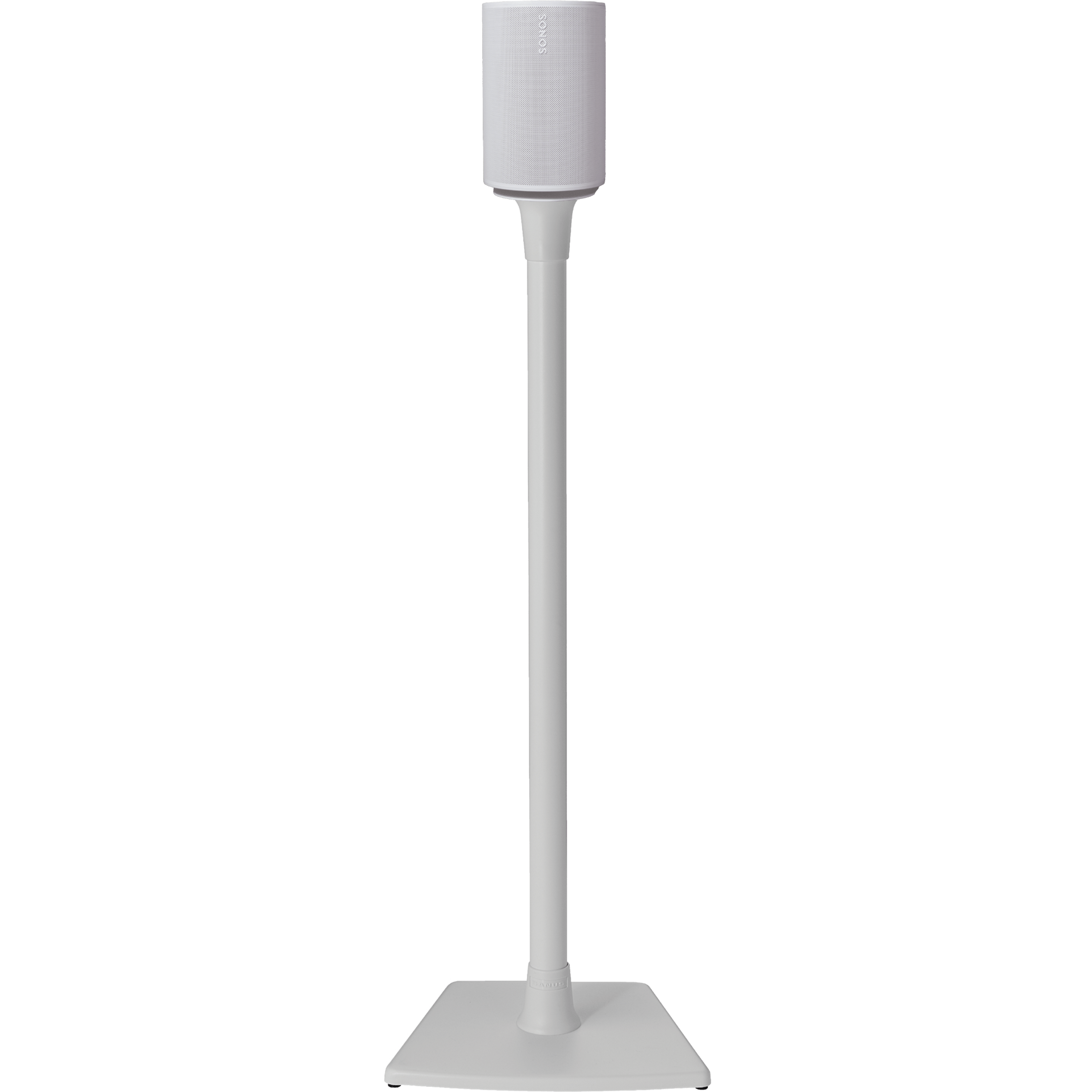 Image of the front of a white Sanus stand holding a white Sonos Era 100 speaker